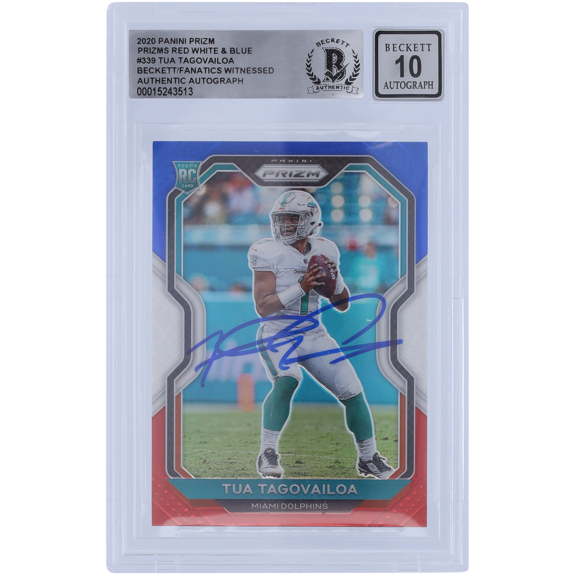 Tua Tagovailoa Miami Dolphins signiert 2020 Panini Prizm Rot Weiß & Blau #339 Beckett Fanatics bezeugt authentifiziert 10 Rookie-Karte