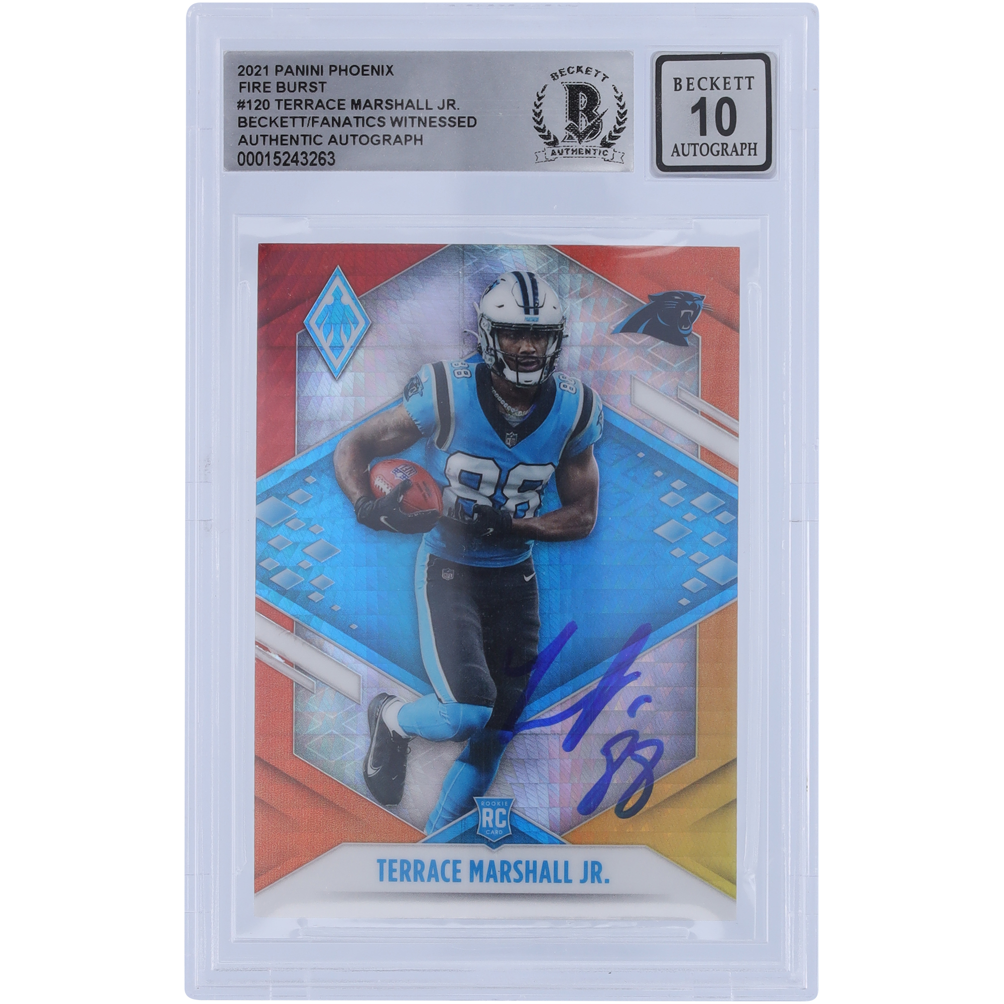 Terrace Marshall Jr. Carolina Panthers signierte 2021 Panini Phoenix Fire Burst #120 Beckett Fanatics bezeugte authentifizierte 10 Rookie-Karte