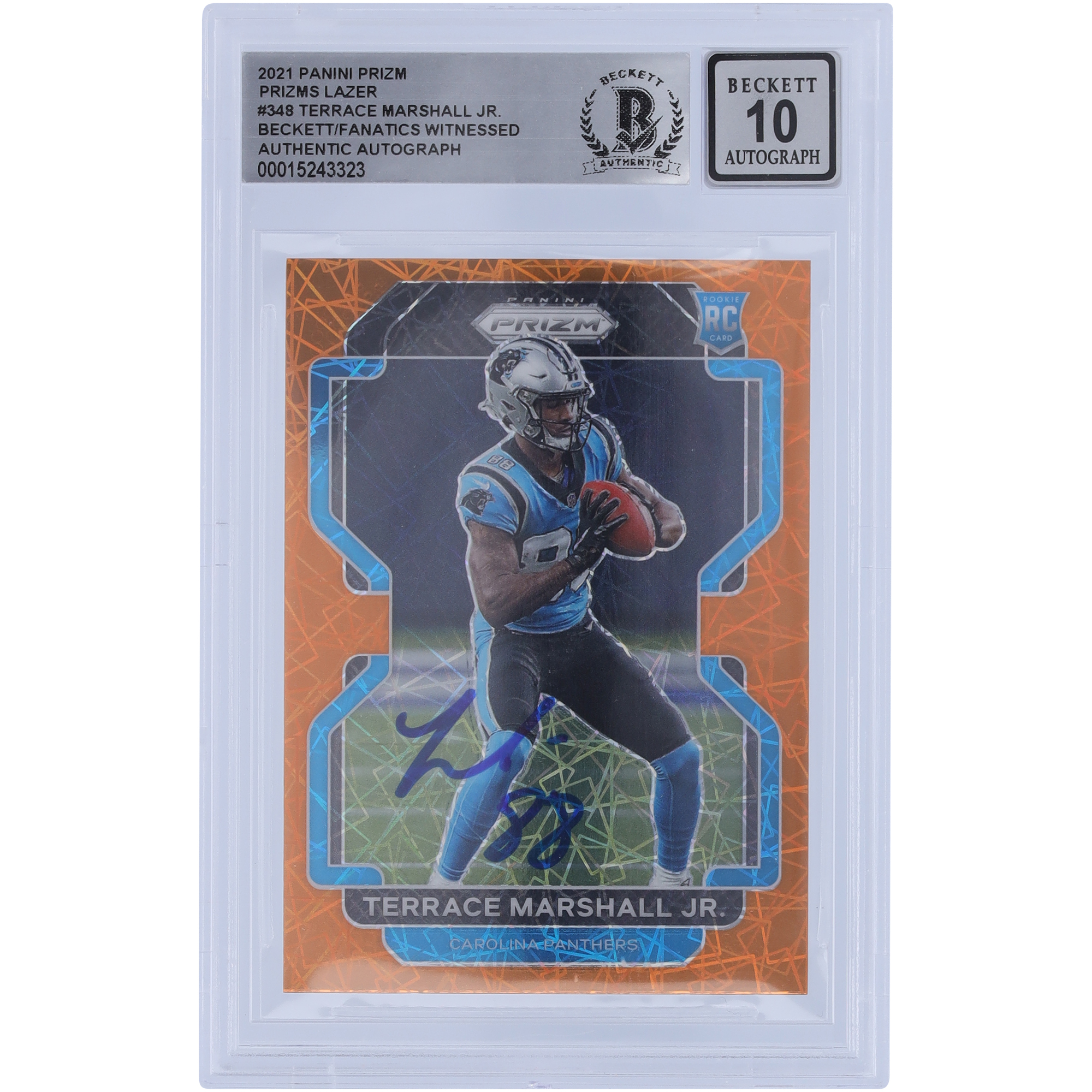 Terrace Marshall Jr. Carolina Panthers Autogrammkarte 2021 Panini Prizm Orange Lazer Prizm #348 Beckett Fanatics Zeuge Authentizität 10 Rookie-Karte