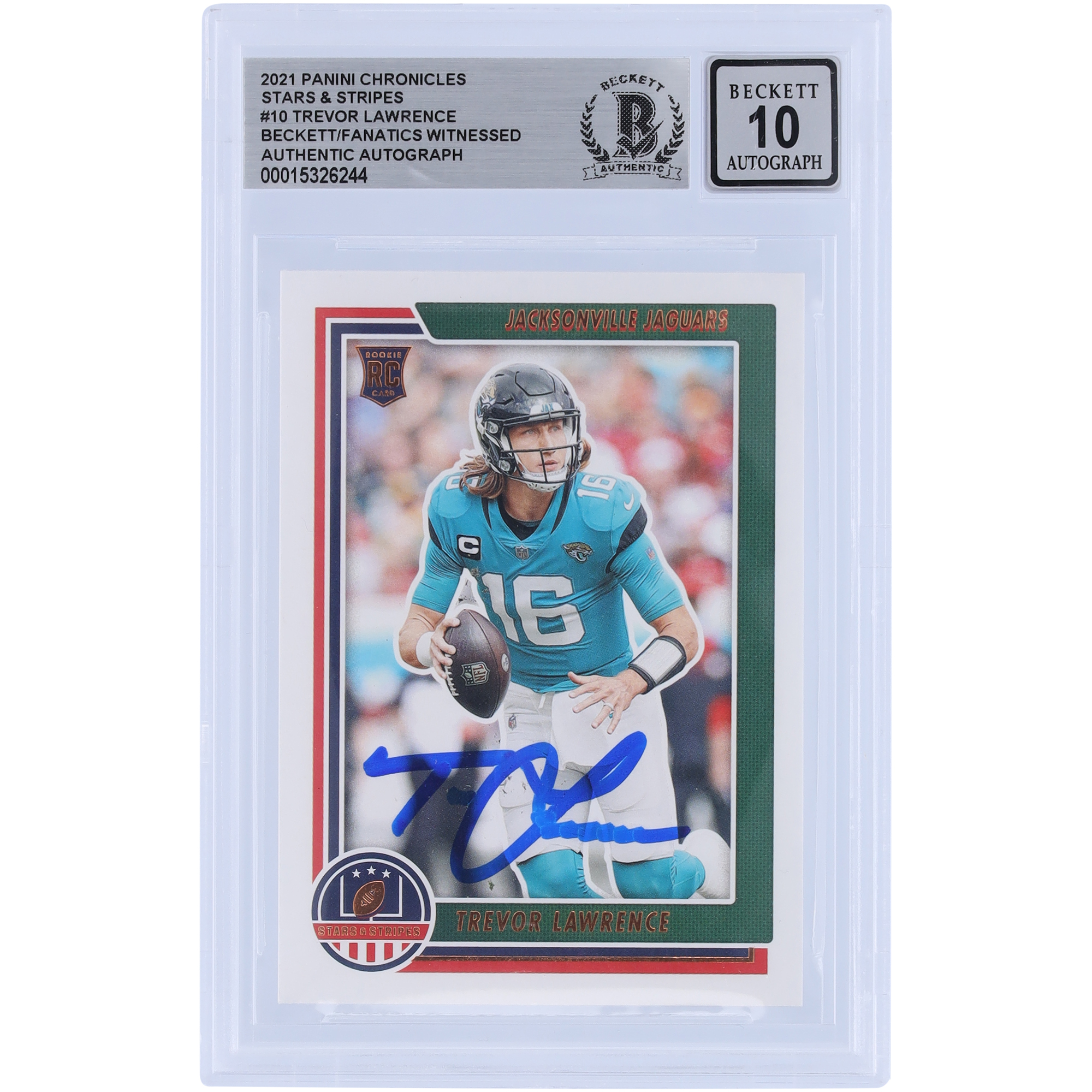 Trevor Lawrence Jacksonville Jaguars signierte 2021 Panini Chronicles Stars & Stripes #STS-TLR Beckett Fanatics bezeugte authentifizierte 10 Rookie-Karte