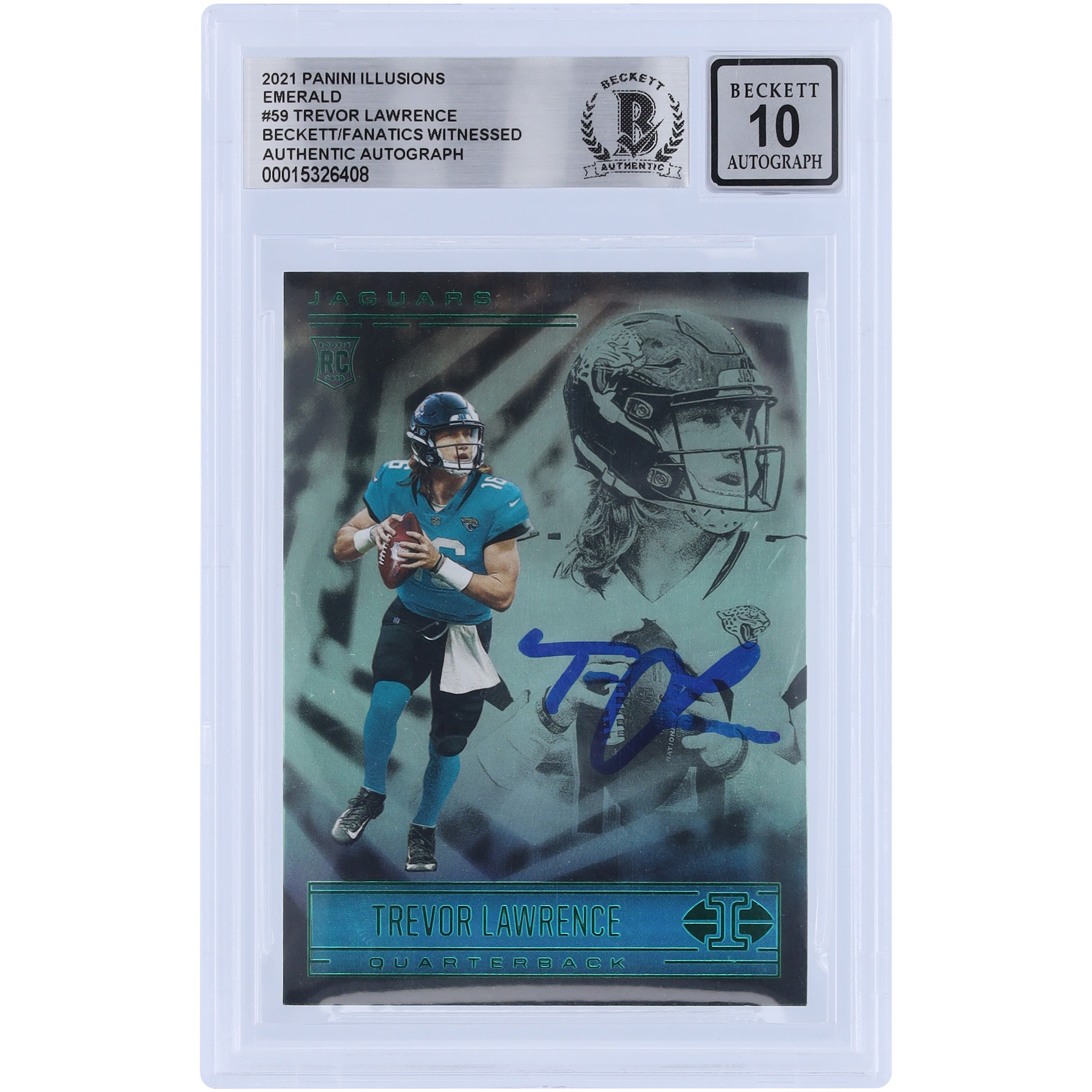 Trevor Lawrence Jacksonville Jaguars signiert 2021 Panini Illusions Emerald #59 Beckett Fanatics Zeuge authentifiziert 10 Rookie-Karte