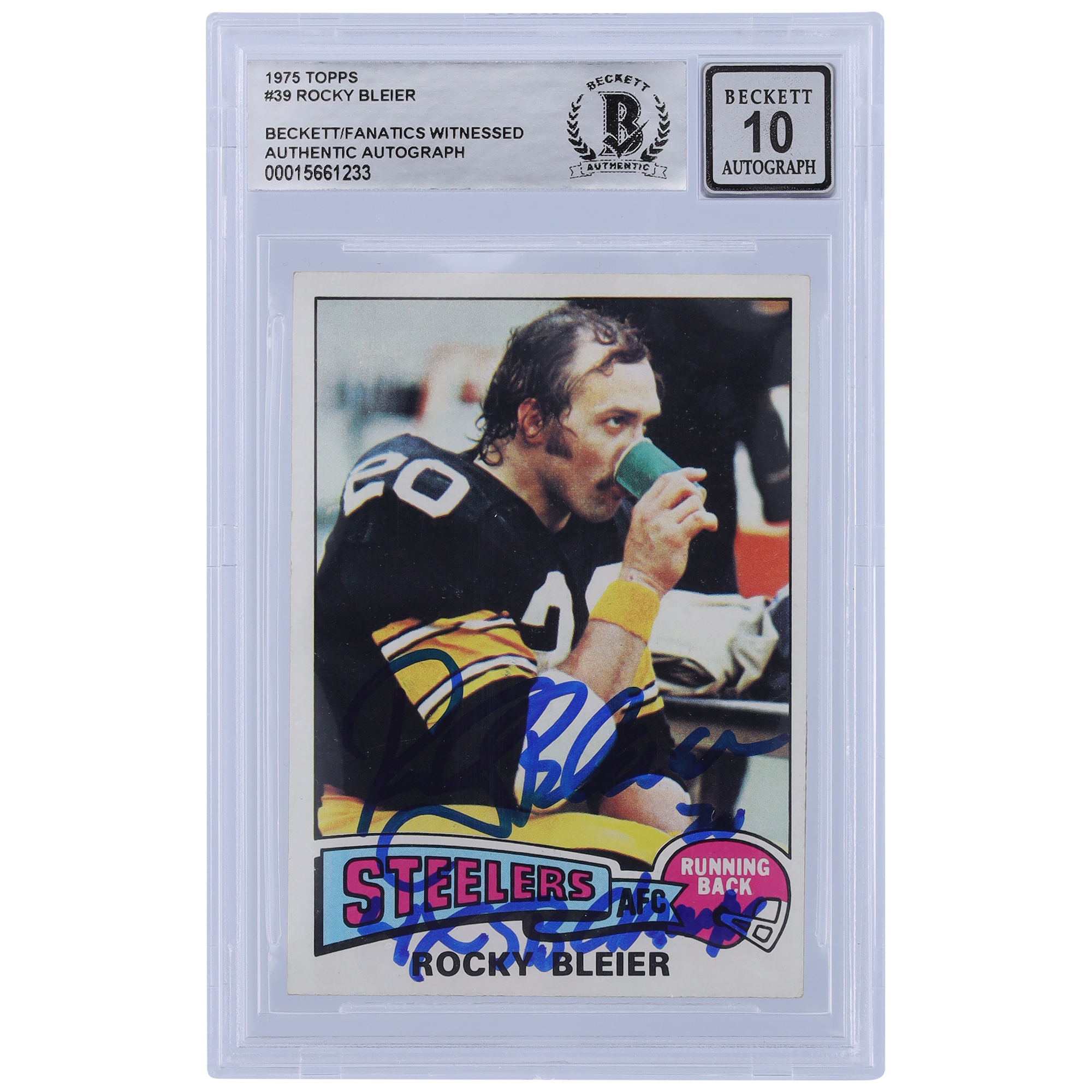 Rocky Bleier Pittsburgh Steelers signiert 1975 Topps #39 Beckett Fanatics bezeugt authentifizierte 10 Rookie-Karte mit „4X SB CHAMPS“ Inschrift