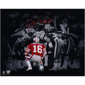 Joe Montana San Francisco 49ers Autogrammfoto Huddle Spotlight, 16 x 20 Zoll, mit roter Tinte signiert