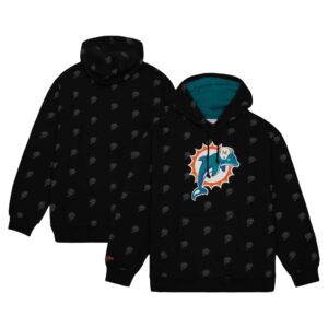 Schwarzer Mitchell & Ness Miami Dolphins Fleece-Pullover-Hoodie mit Allover-Print für Herren