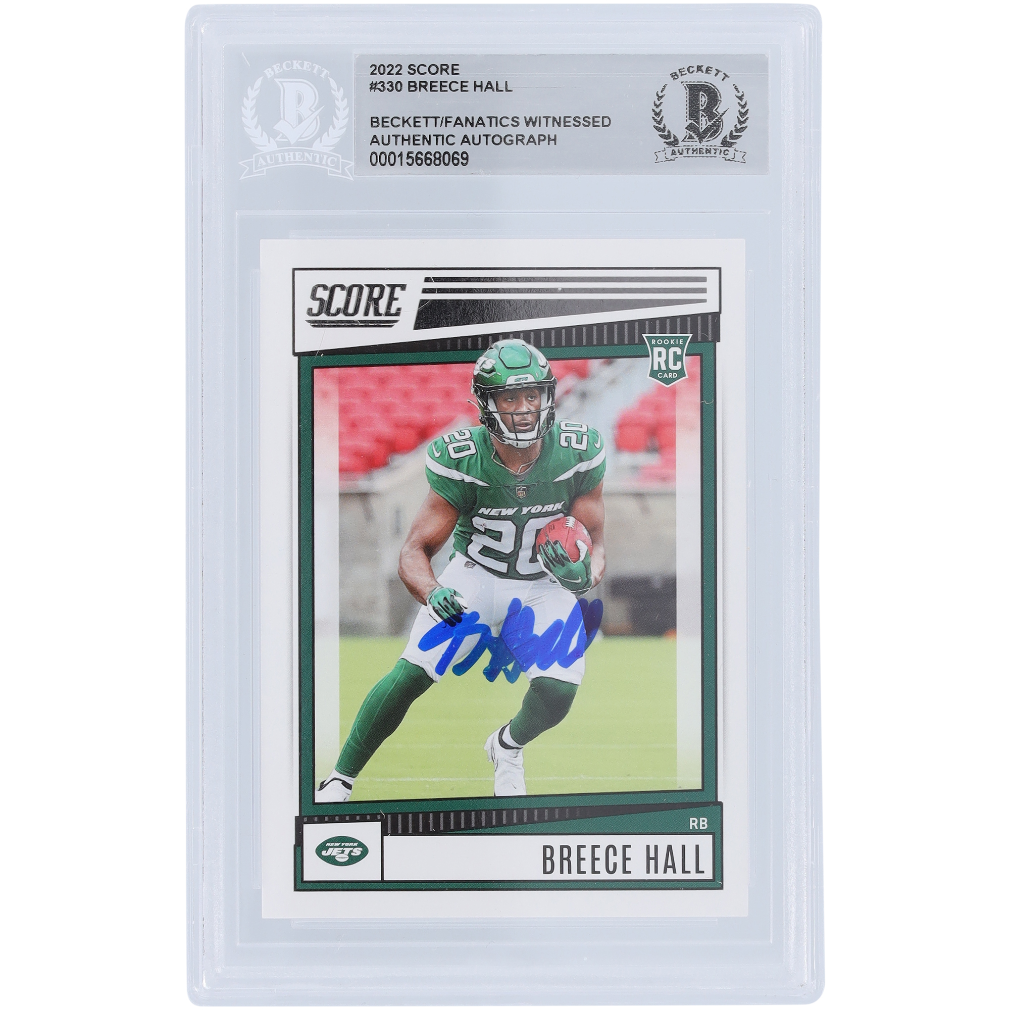 Breece Hall New York Jets 2022 Panini Score #330 Beckett Fanatics bezeugte authentifizierte Rookie-Karte