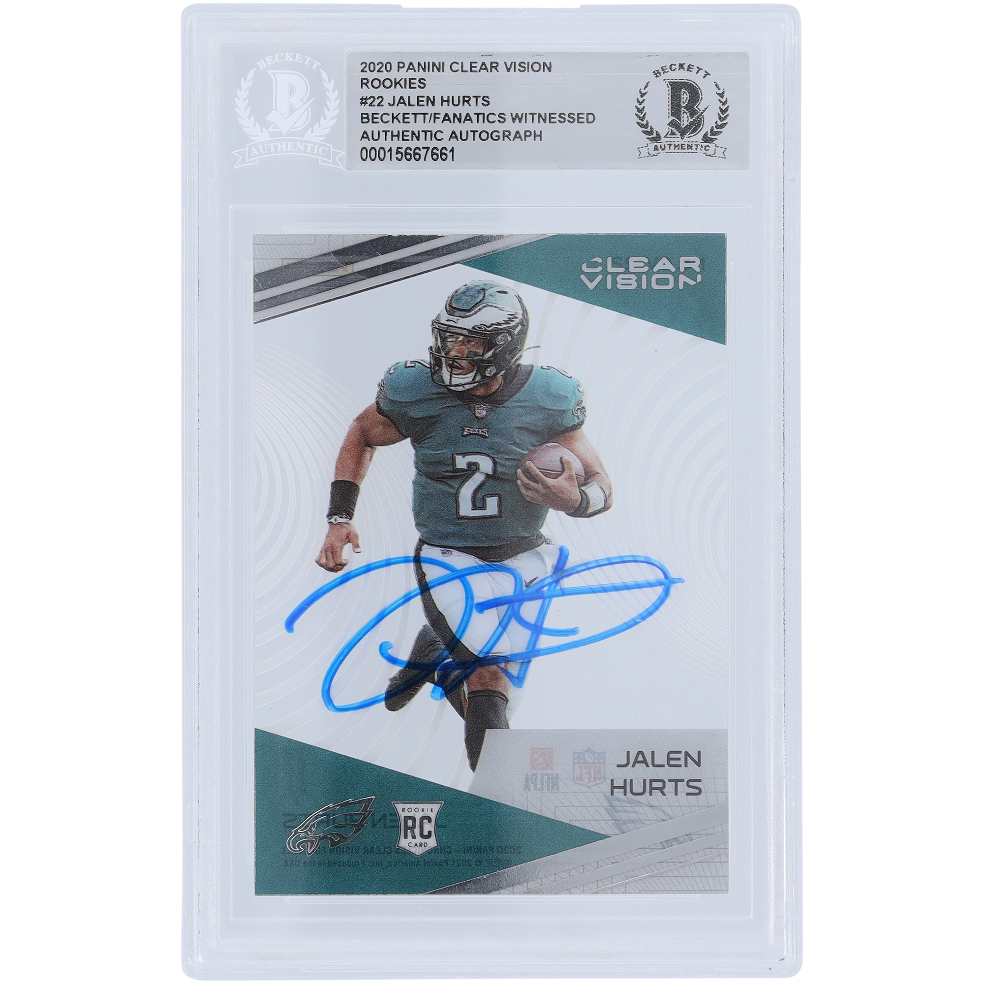 Jalen Hurts Philadelphia Eagles signierte 2020 Panini Clear Vision #CV-22 Beckett Fanatics bezeugte authentifizierte Rookie-Karte