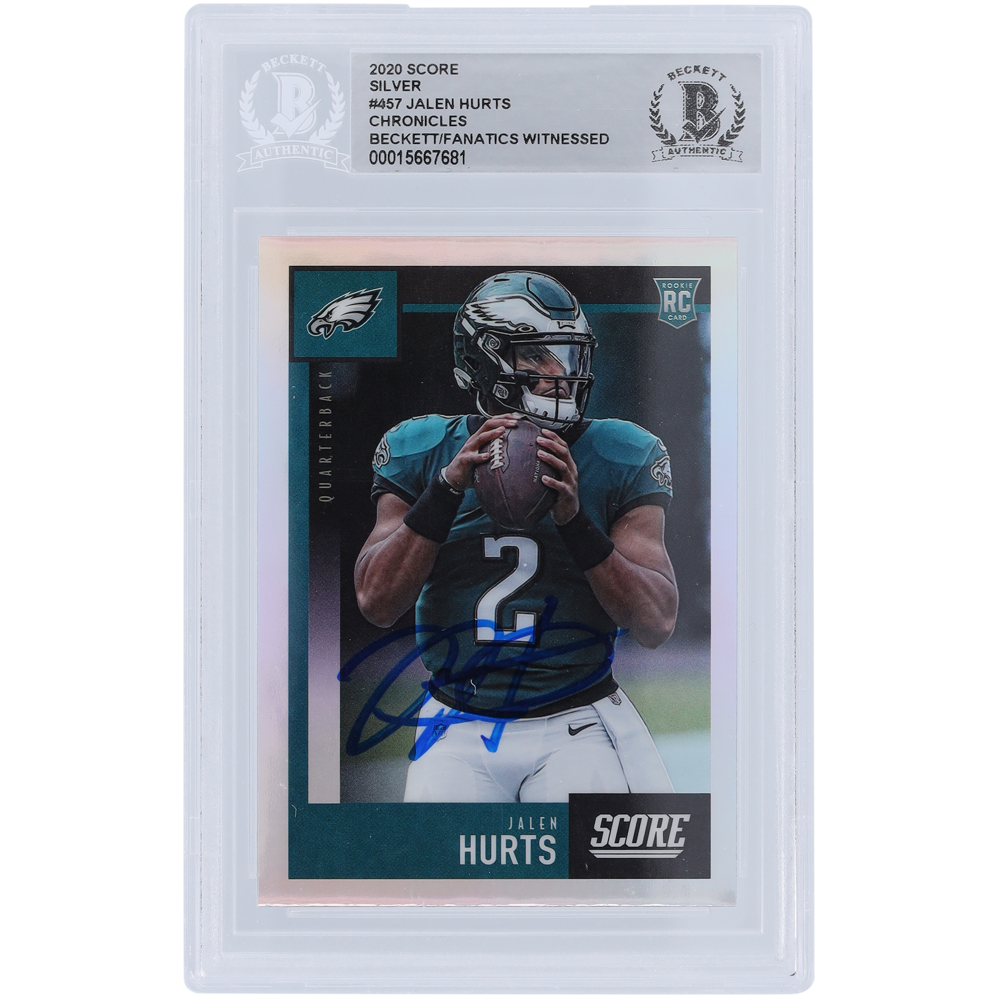 Jalen Hurts Philadelphia Eagles signierte 2020 Panini Score Silber #457 Beckett Fanatics bezeugte authentifizierte Rookie-Karte