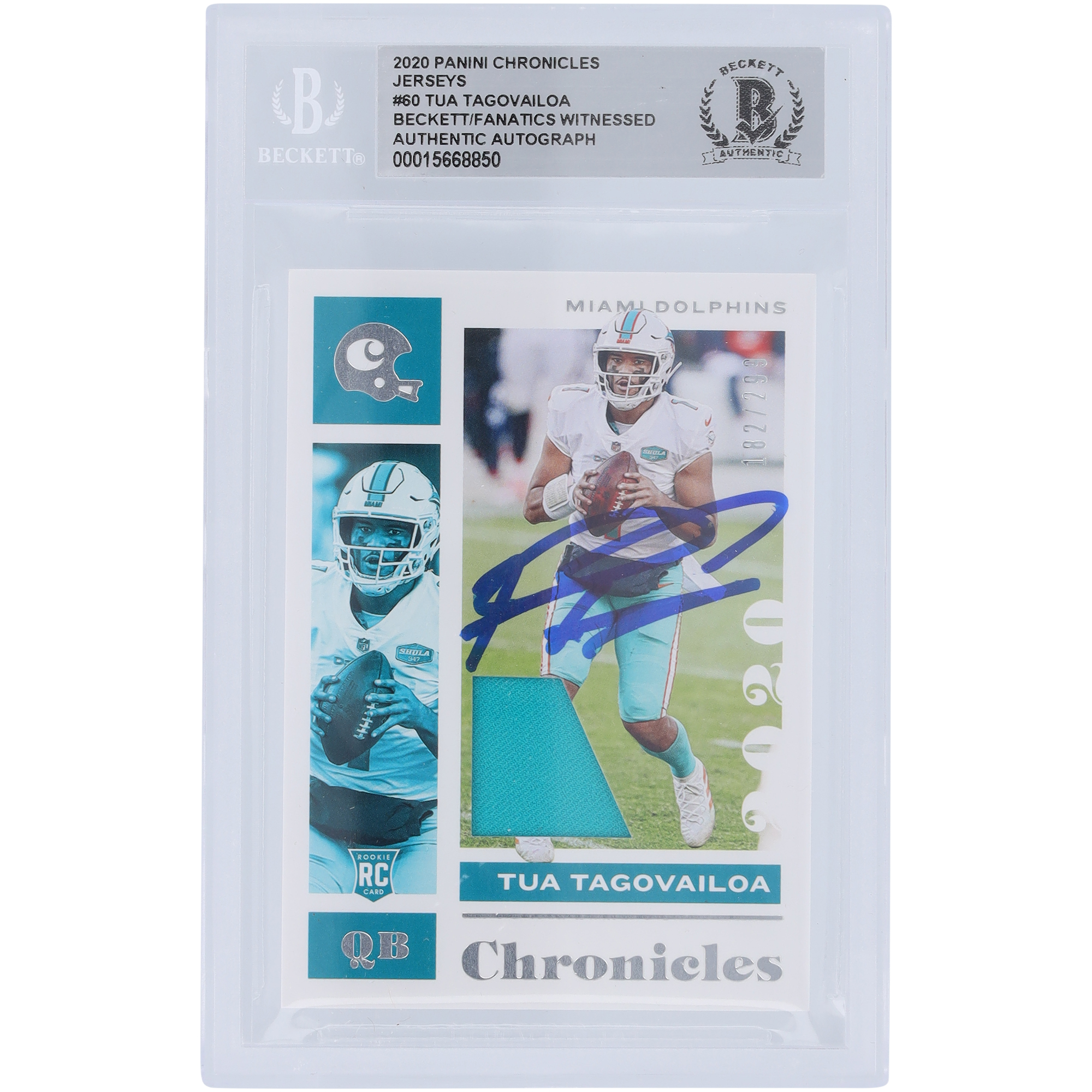 Tua Tagovailoa Miami Dolphins signiertes 2020 Panini Chronicles Trikot #60 #/299 Beckett Fanatics bezeugte authentifizierte Rookie-Karte