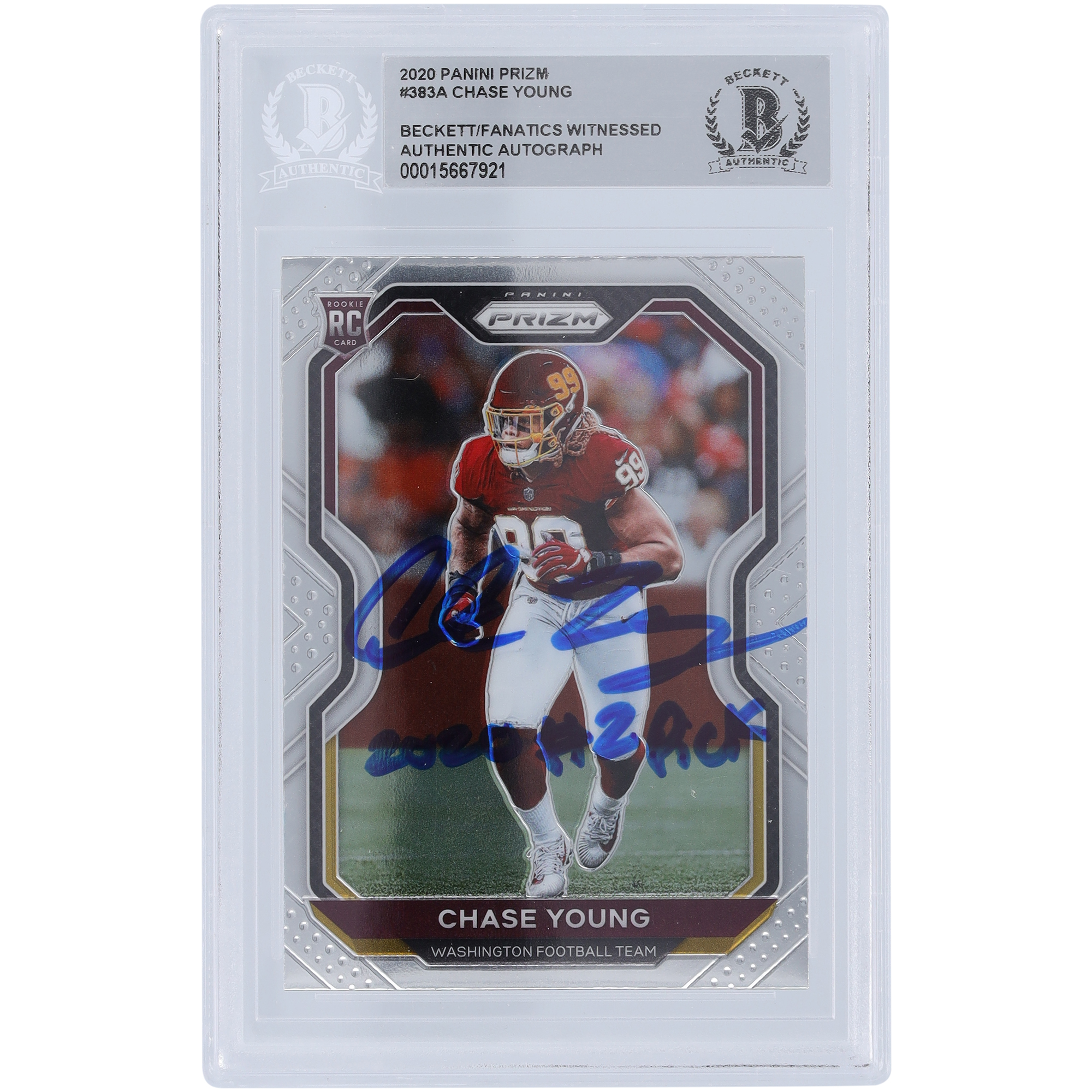 Chase Young Washington Commanders signierte 2020 Panini Prizm #383 Beckett Fanatics bezeugte authentifizierte Rookie-Karte mit der Aufschrift „2020 #2 Pick“