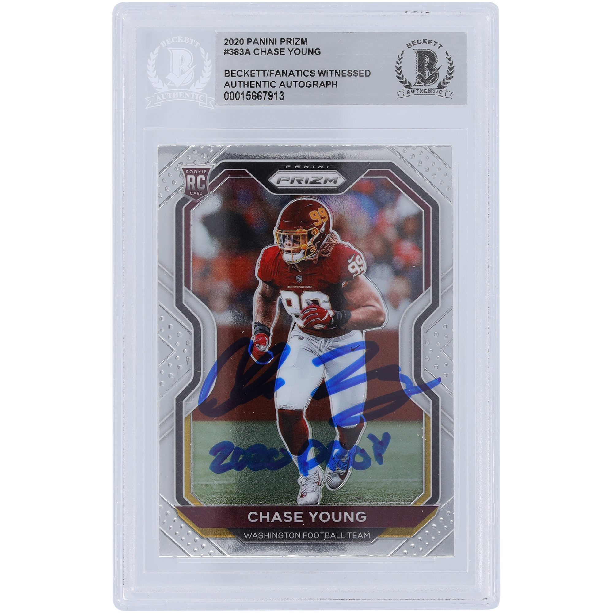 Chase Young Washington Commanders signierte 2020 Panini Prizm #383 Beckett Fanatics bezeugte authentifizierte Rookie-Karte mit „2020 DROY“-Aufschrift