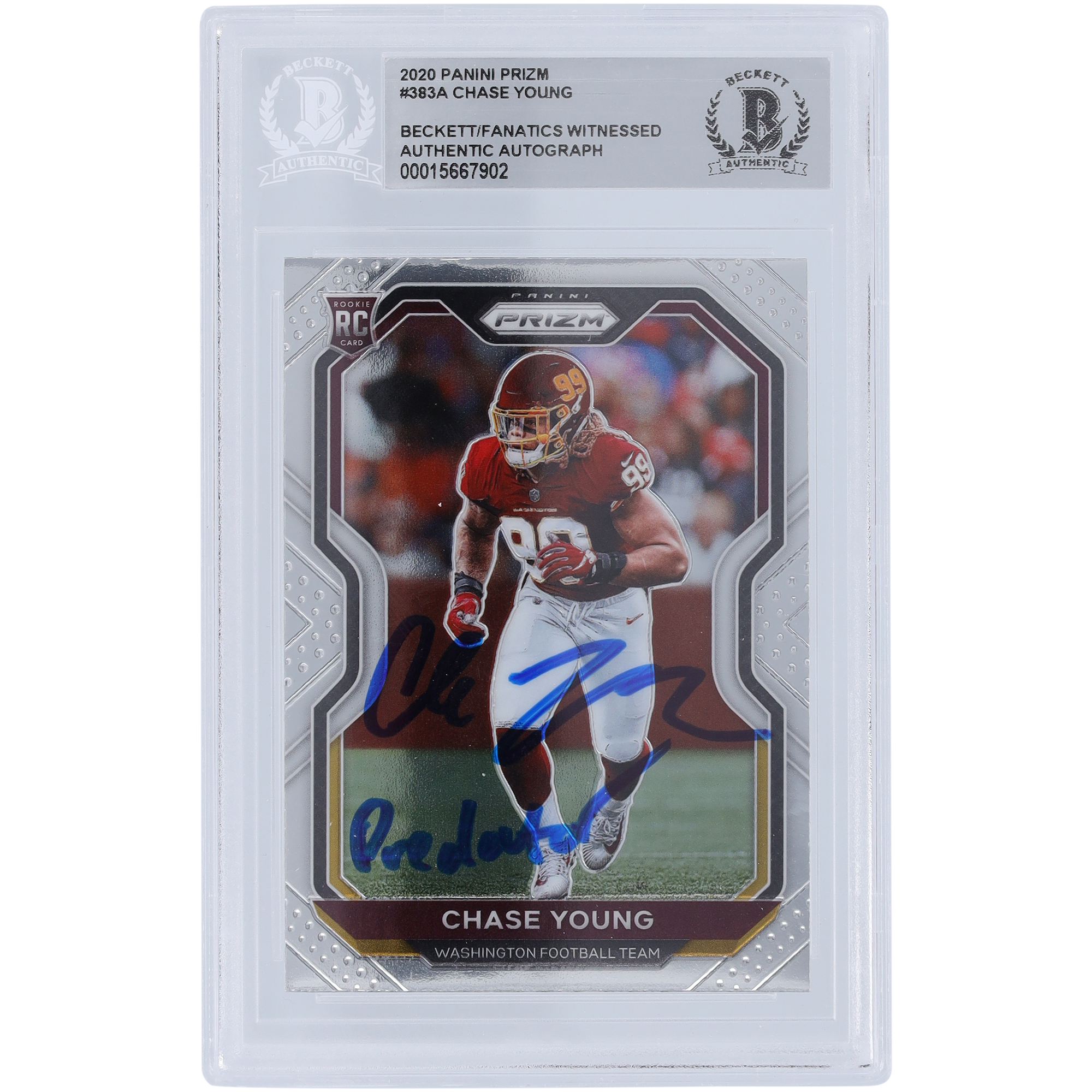 Chase Young Washington Commanders signierte 2020 Panini Prizm #383 Beckett Fanatics bezeugte authentifizierte Rookie-Karte mit „Predator“-Inschrift