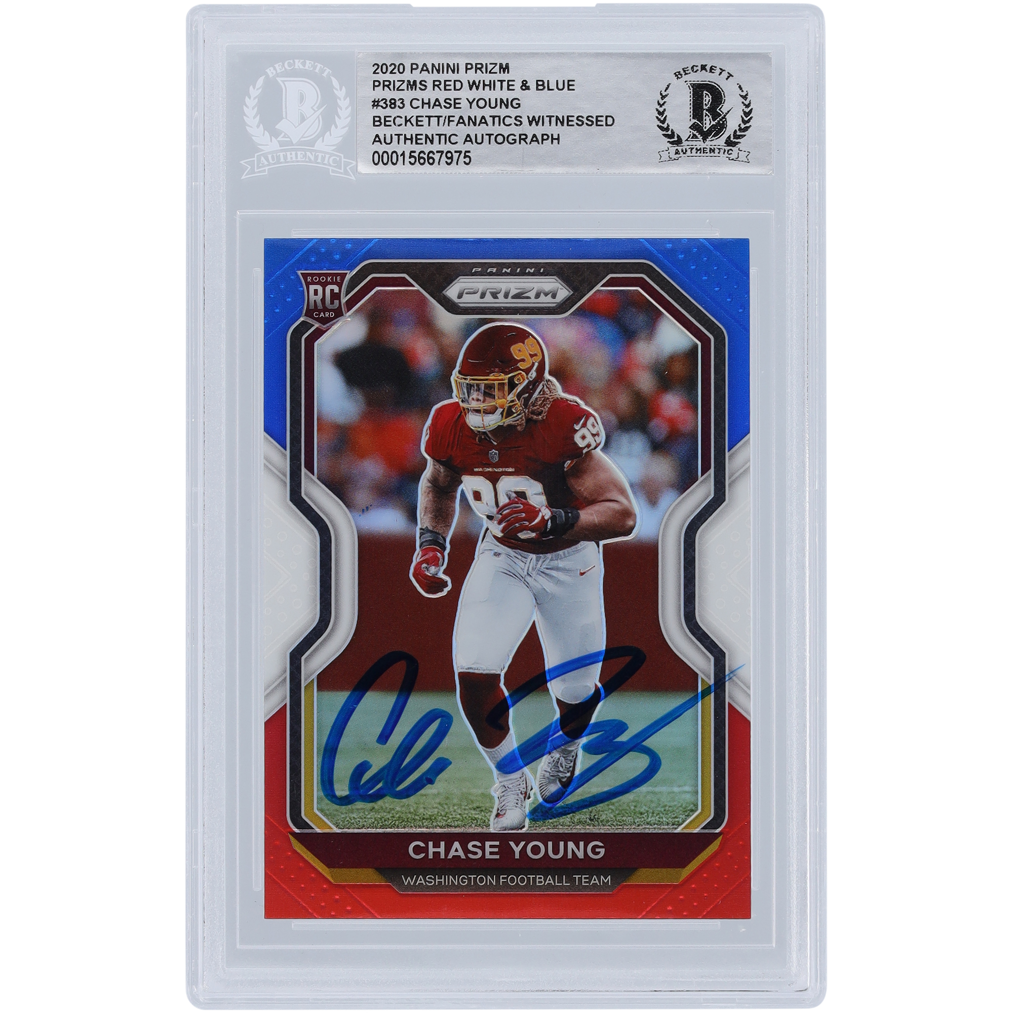 Chase Young Washington Commanders signierte 2020 Panini Rot Weiß & Blau #383 Beckett Fanatics bezeugte authentifizierte Rookie-Karte