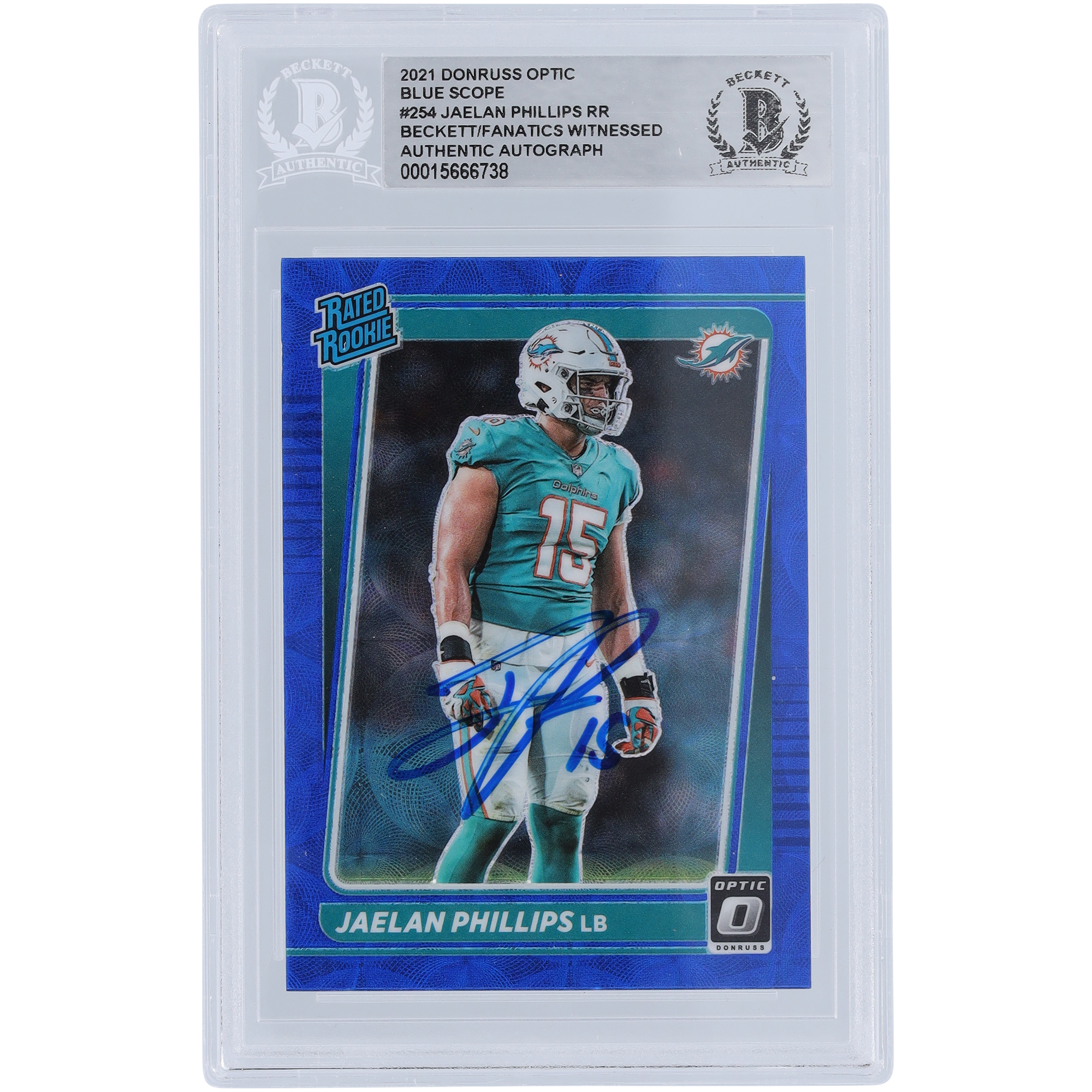 Jaelan Phillips Miami Dolphins 2021 Panini Donruss Optic Blue Scope Prizm #254 Beckett Fanatics bezeugte authentifizierte Rookie-Karte