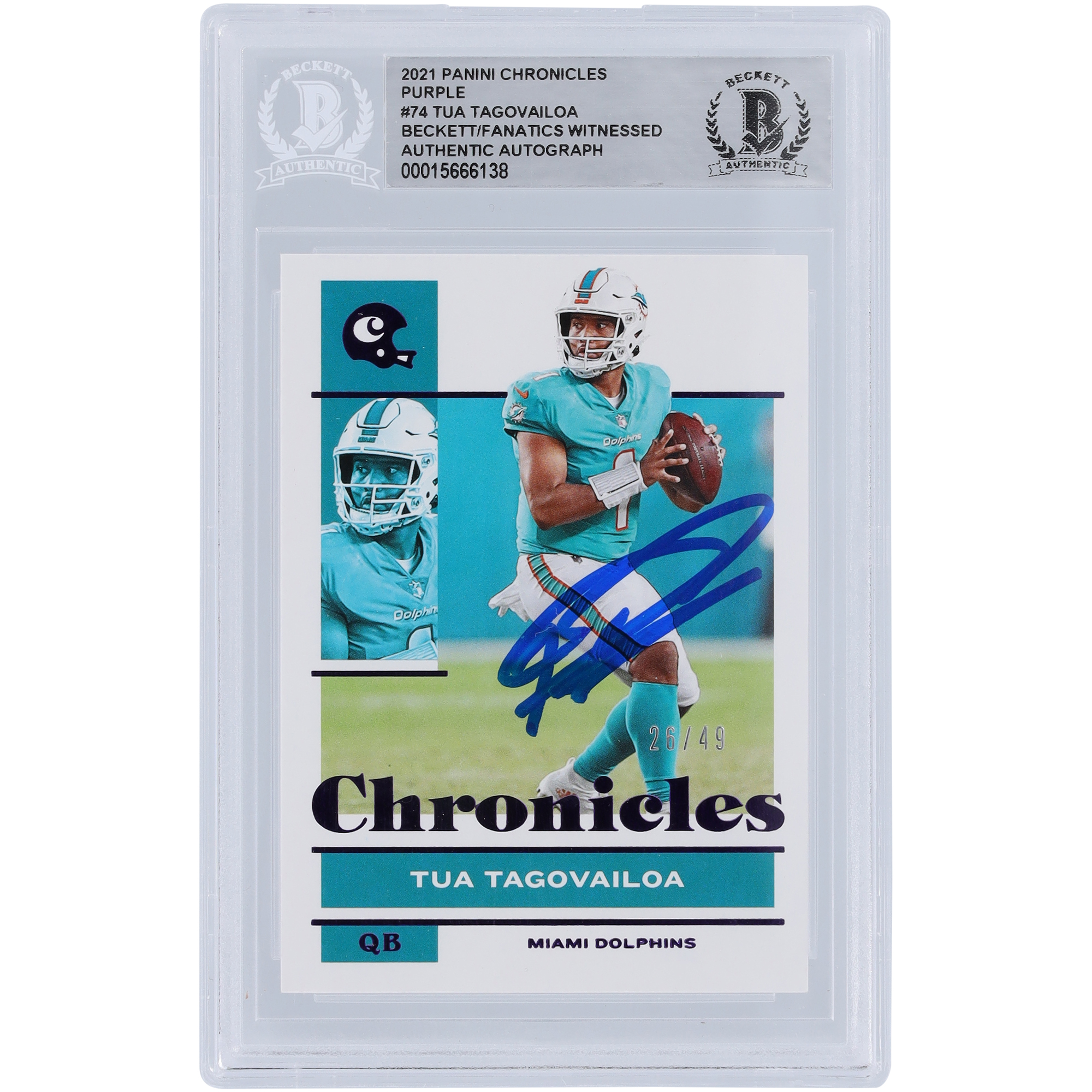 Tua Tagovailoa Miami Dolphins 2021 Panini Chronicles Lila #74 #/49 Beckett Fanatics Zeugenbeglaubigte authentifizierte Karte