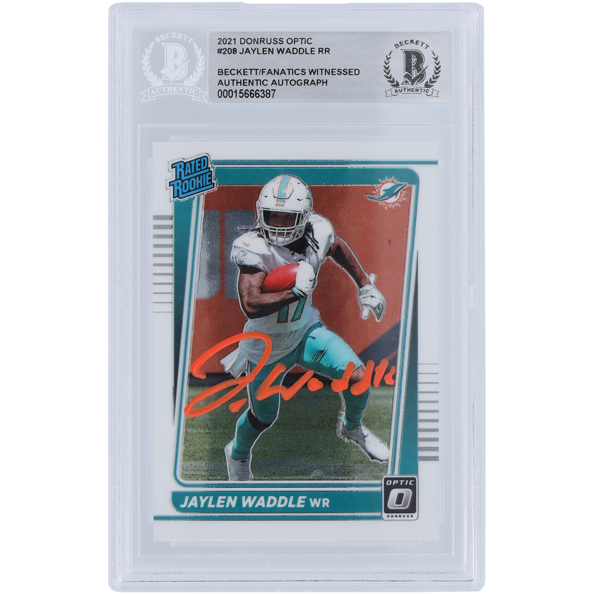 Jaylen Waddle Miami Dolphins 2021 Panini Donruss Optic Rated Rookie Orange Ink #208 Beckett Fanatics bezeugte authentifizierte Rookie-Karte