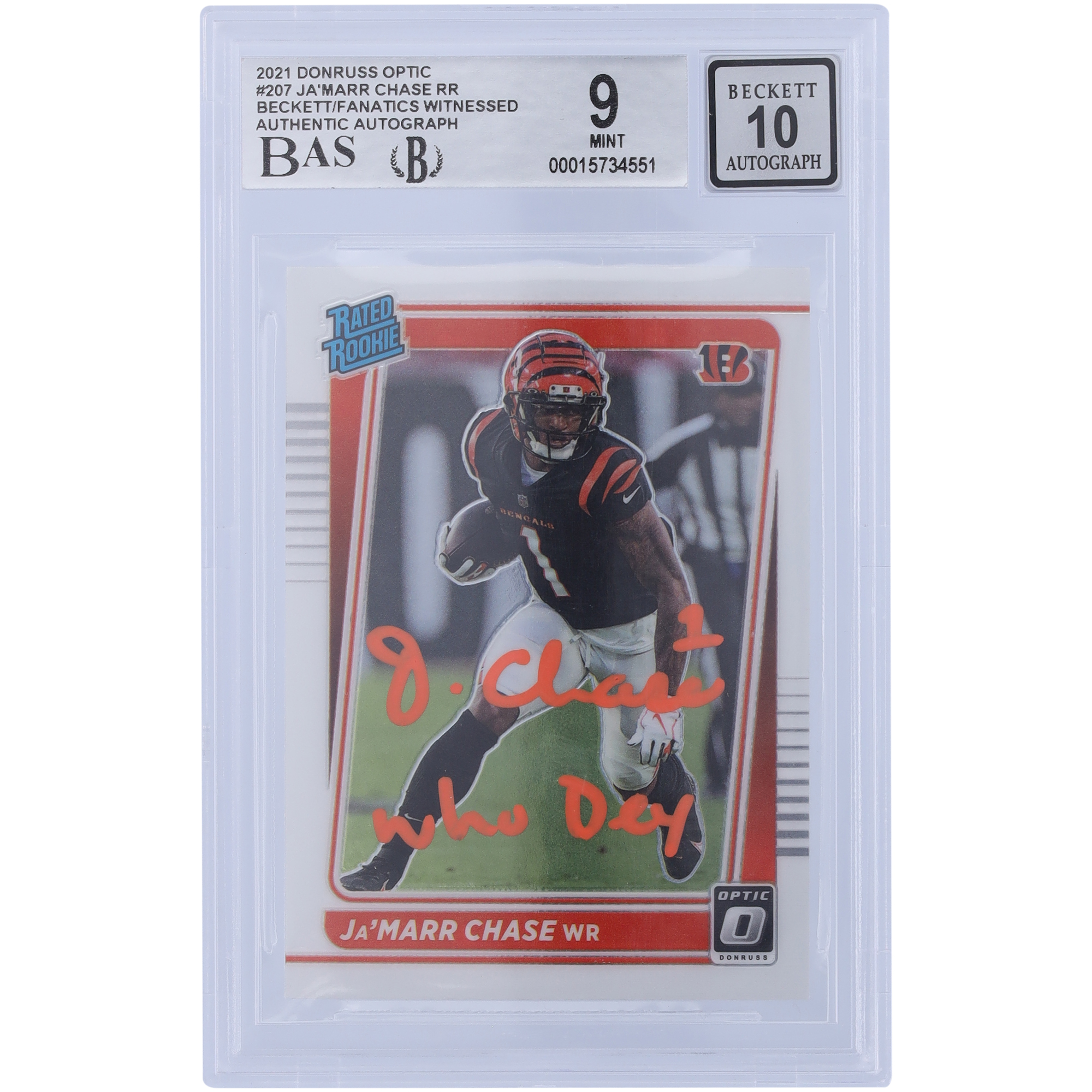 Ja’Marr Chase Cincinnati Bengals signierte 2021 Panini Donruss Optic Rated Rookie Orange Ink #207 Beckett Fanatics bezeugte authentifizierte 9/10 Rookie-Karte mit „Who Dey“-Aufschrift