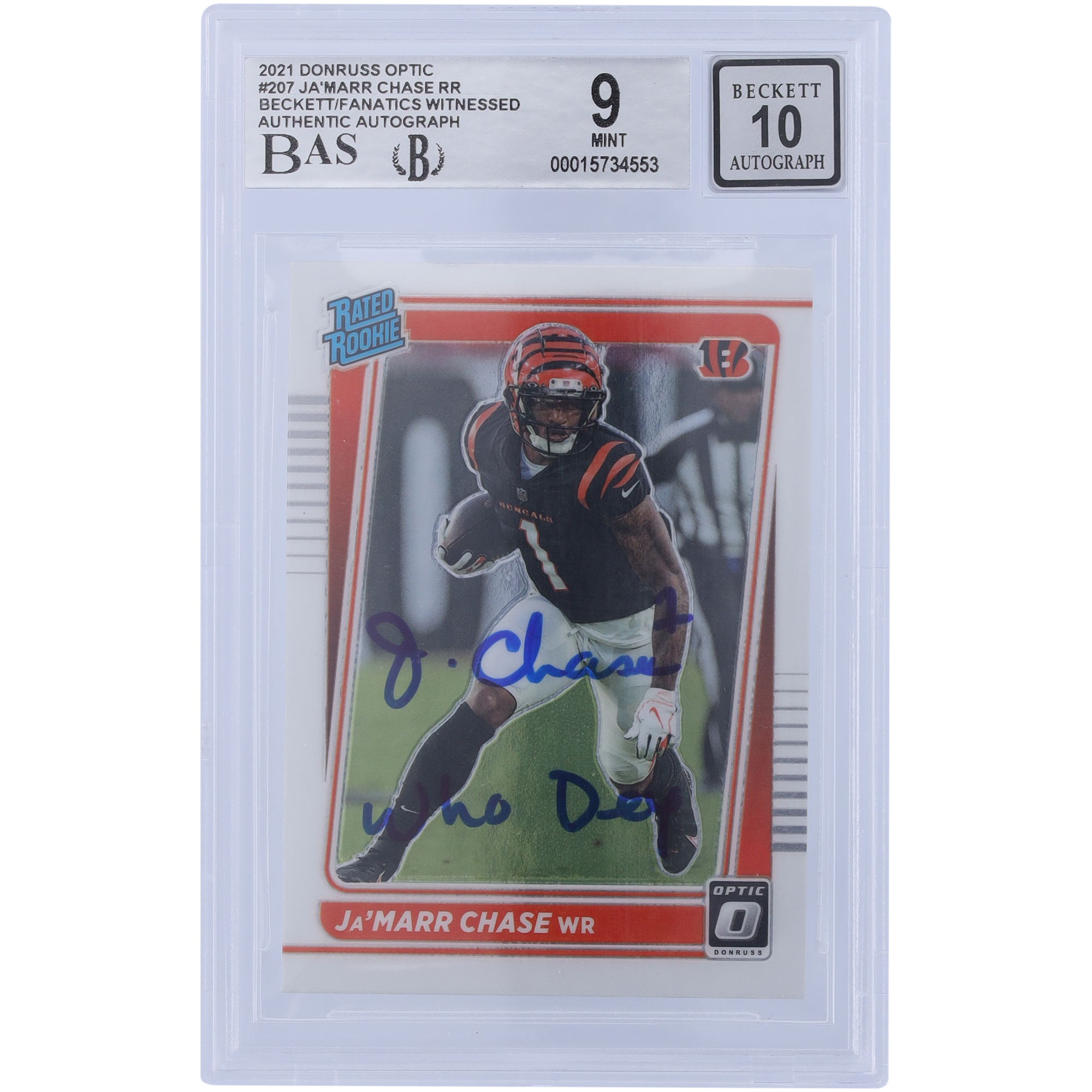 Ja’Marr Chase Cincinnati Bengals signierte 2021 Panini Donruss Optic Rated Rookie #207 Beckett Fanatics bezeugte authentifizierte 9/10 Rookie-Karte mit „Who Dey“-Aufschrift