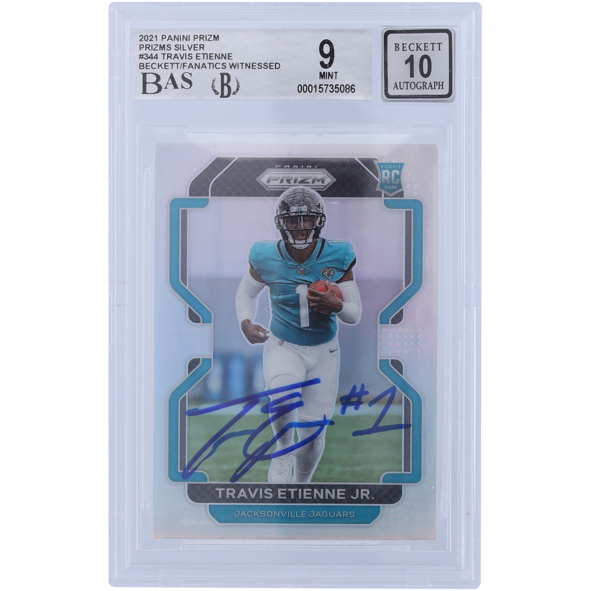 Travis Etienne Jacksonville Jaguars signierte 2021 Panini Prizm Silver #344 Beckett Fanatics bezeugte authentifizierte 9/10 Rookie-Karte