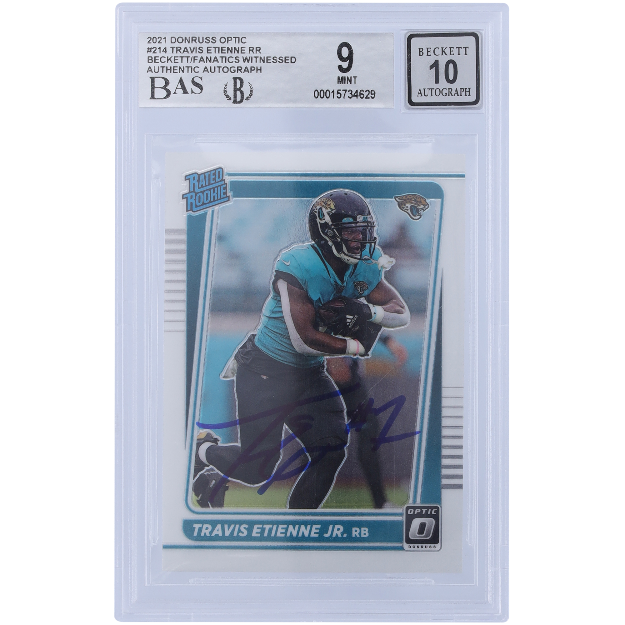 Travis Etienne Jacksonville Jaguars signierte 2021 Panini Donruss Optic #214 Beckett Fanatics bezeugte authentifizierte 9/10 Rookie-Karte