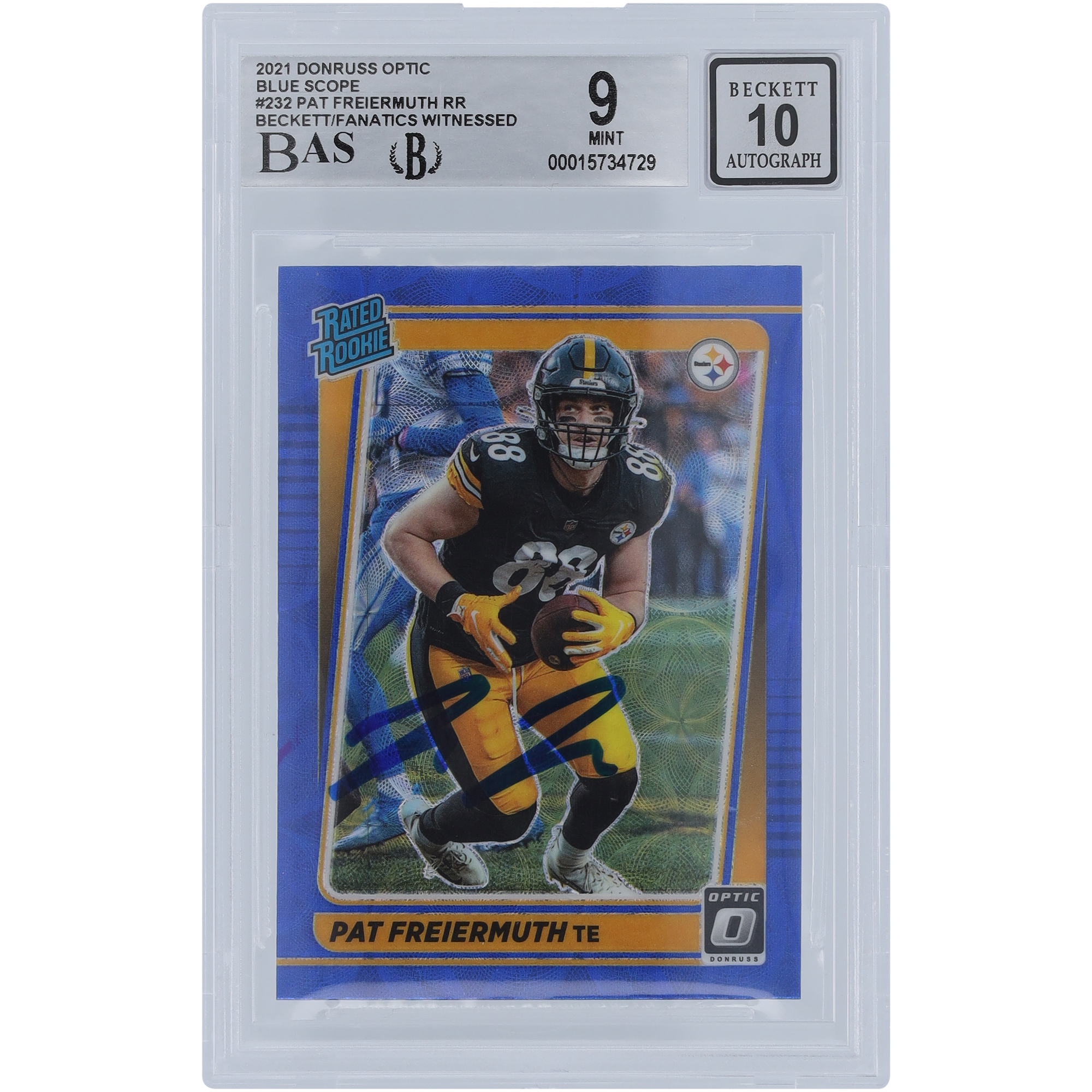 Pat Freiermuth Pittsburgh Steelers signierte 2021 Panini Donruss Optic Blue Scope #232 Beckett Fanatics bezeugte authentifizierte 9/10 Rookie-Karte