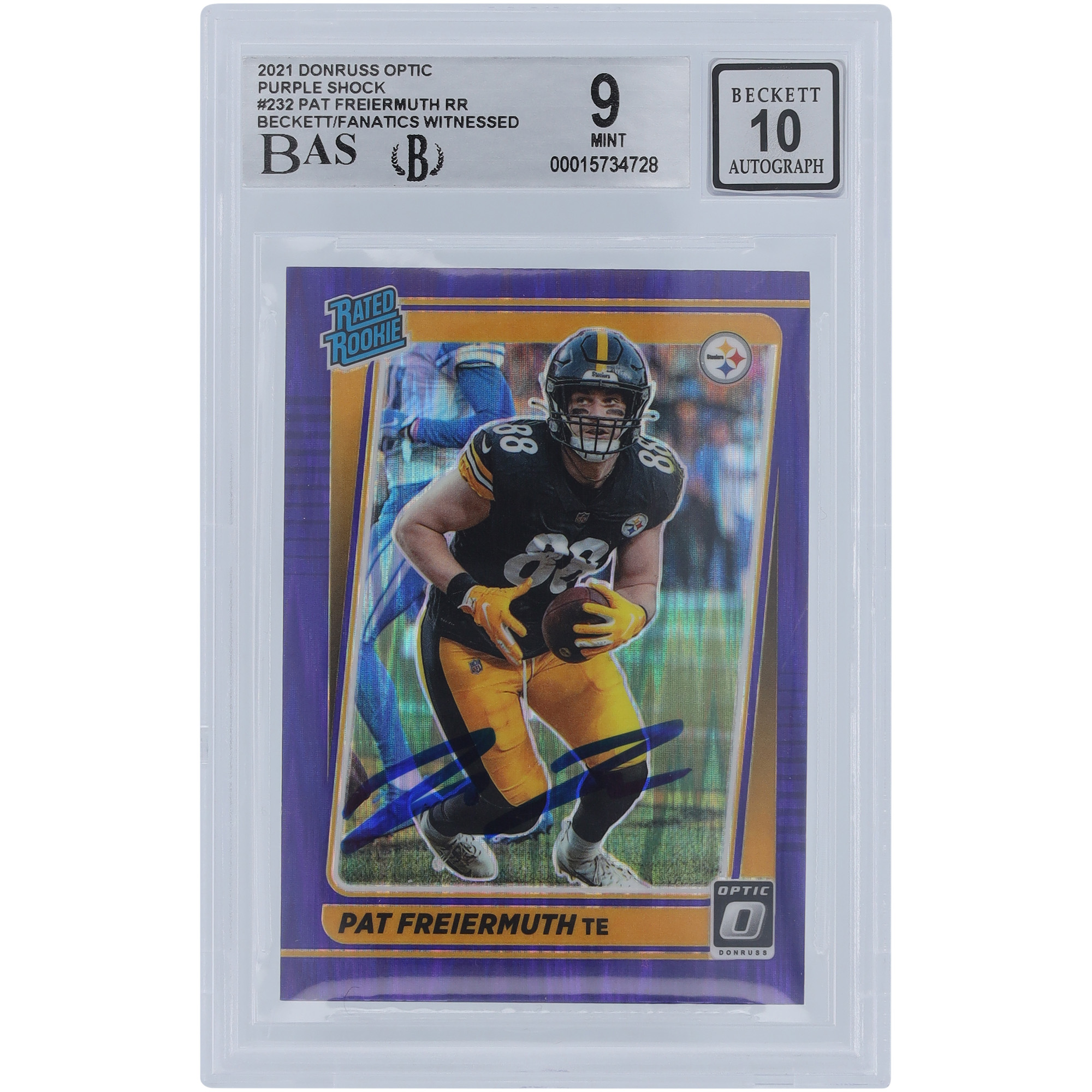 Pat Freiermuth Pittsburgh Steelers signierte 2021 Panini Donruss Optic Purple Shock Prizm #232 Beckett Fanatics bezeugte authentifizierte 9/10 Rookie-Karte