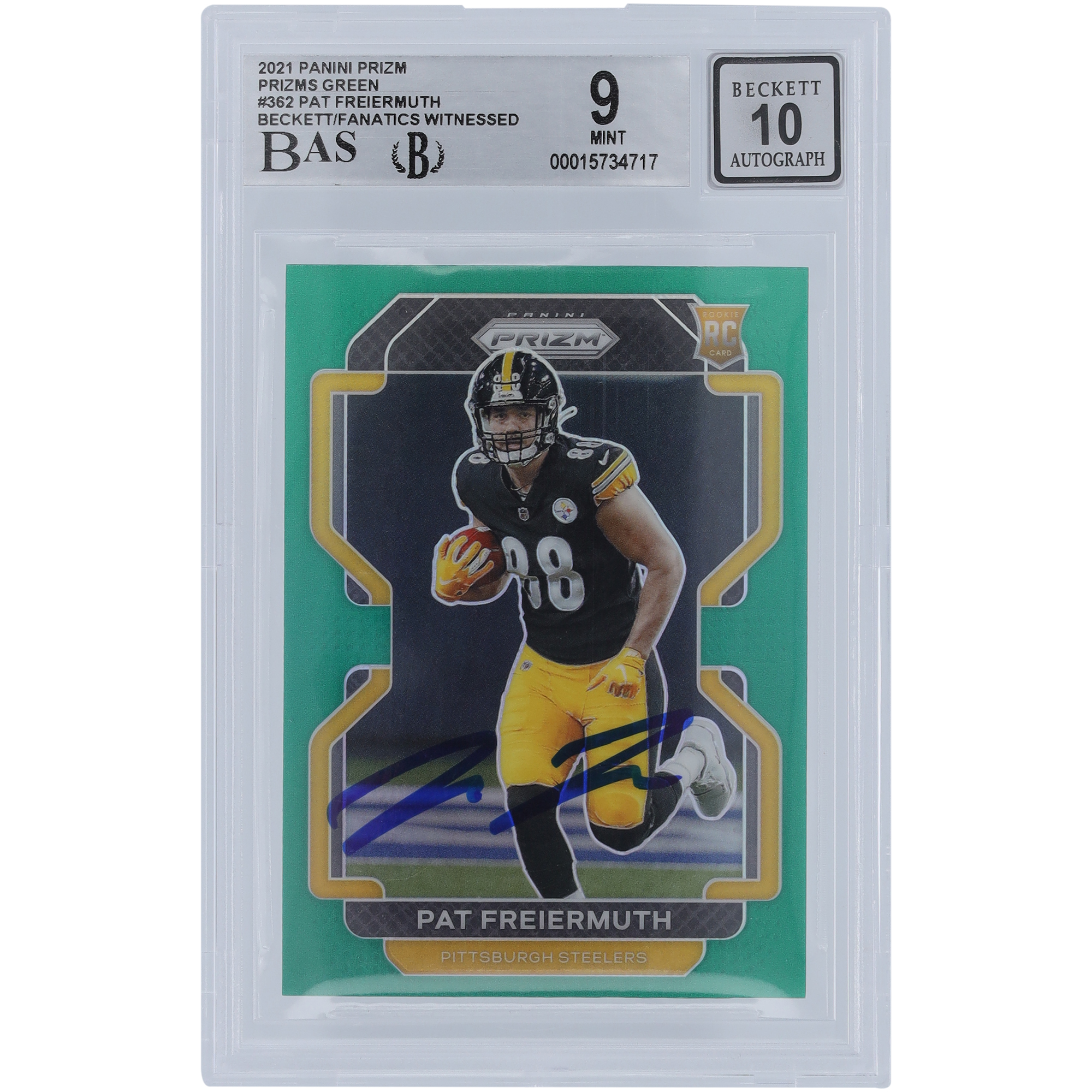 Pat Freiermuth Pittsburgh Steelers signierte 2021 Panini Prizm Green #362 Beckett Fanatics bezeugte authentifizierte 9/10 Rookie-Karte