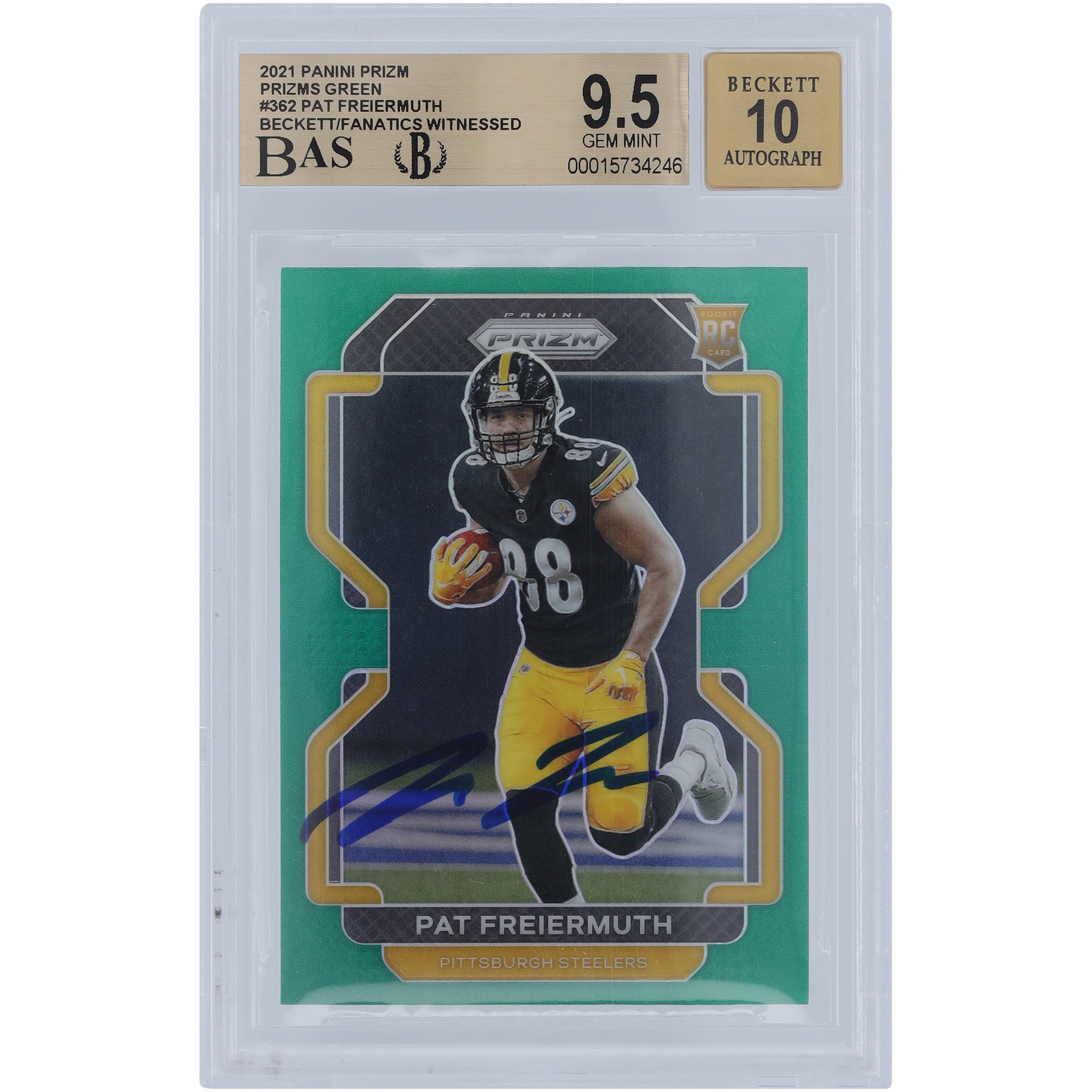 Pat Freiermuth Pittsburgh Steelers signierte 2021 Panini Prizm Green #362 Beckett Fanatics bezeugte authentifizierte 9,5/10 Rookie-Karte