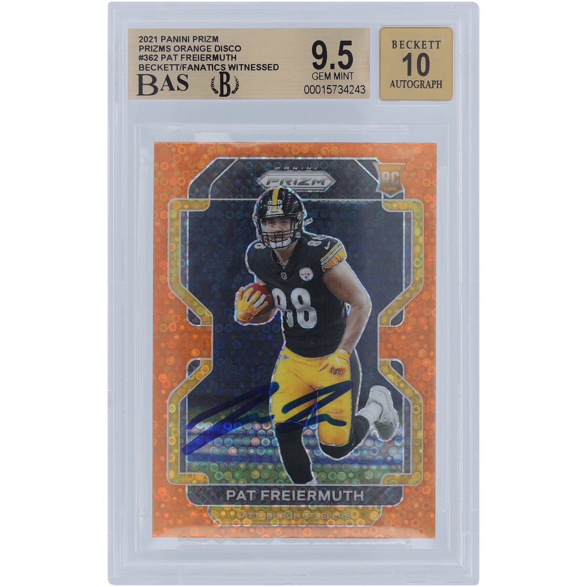 Pat Freiermuth Pittsburgh Steelers signierte 2021 Panini Prizm Orange Disco #362 Beckett Fanatics bezeugte authentifizierte 9,5/10 Rookie-Karte