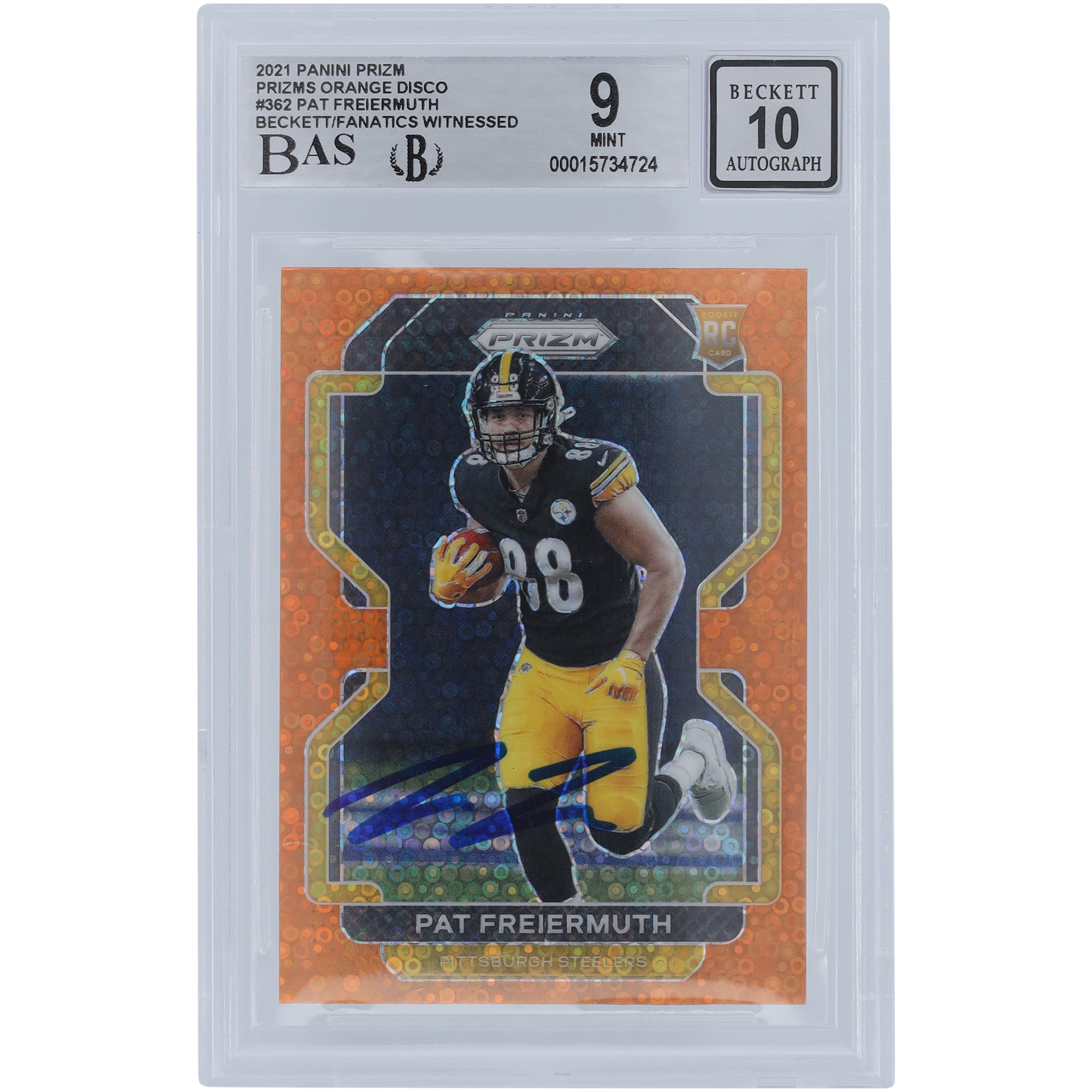 Pat Freiermuth Pittsburgh Steelers signierte 2021 Panini Prizm Orange Disco #362 Beckett Fanatics bezeugte authentifizierte 9/10 Rookie-Karte