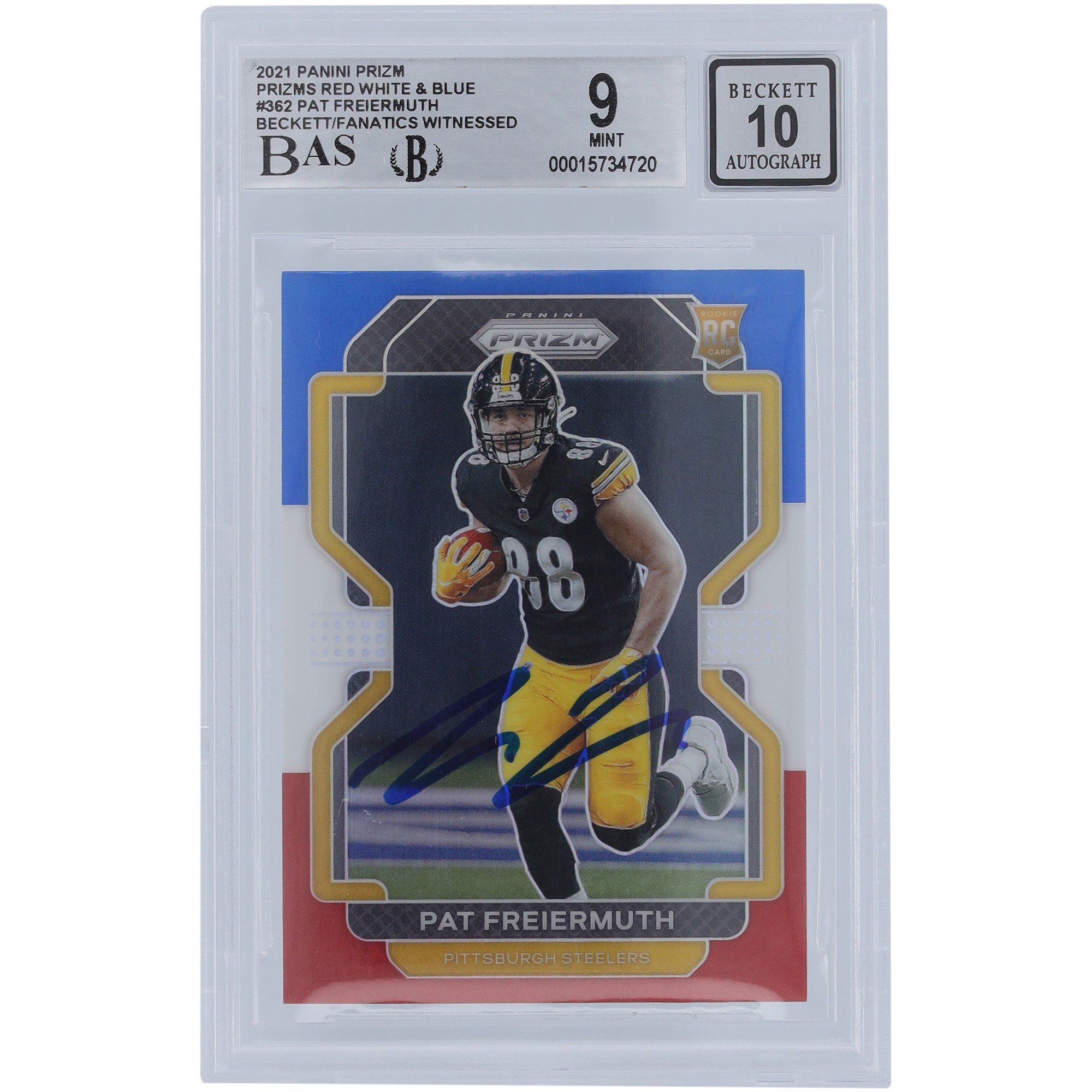 Pat Freiermuth Pittsburgh Steelers signierte 2021 Panini Prizm Rot Weiß & Blau #362 Beckett Fanatics bezeugte authentifizierte 9/10 Rookie-Karte