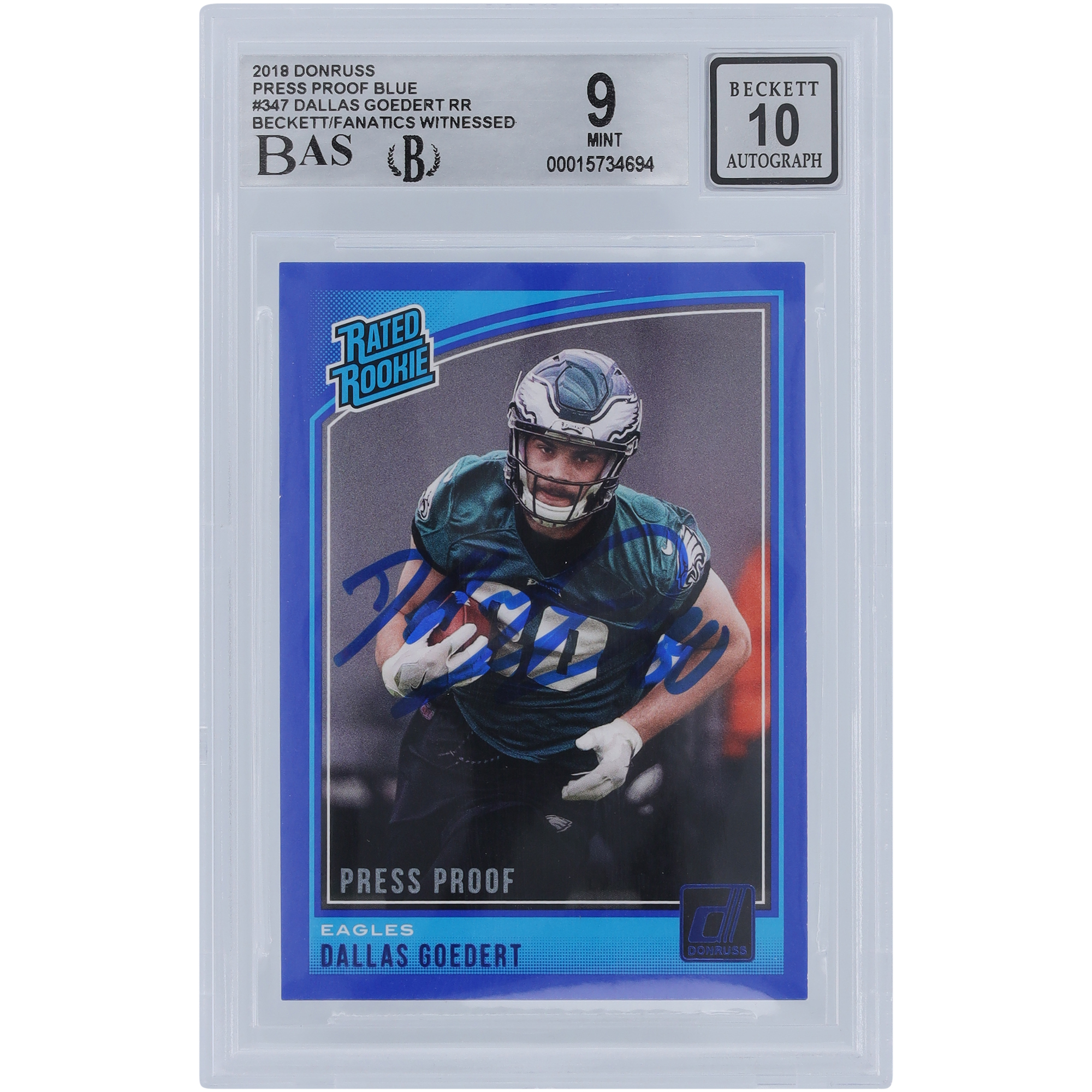 Dallas Goedert Philadelphia Eagles signierte 2018 Panini Donruss bewertet Rookie Press Proof blau #347 Beckett Fanatics bezeugt authentifiziert 9/10 Rookie Karte