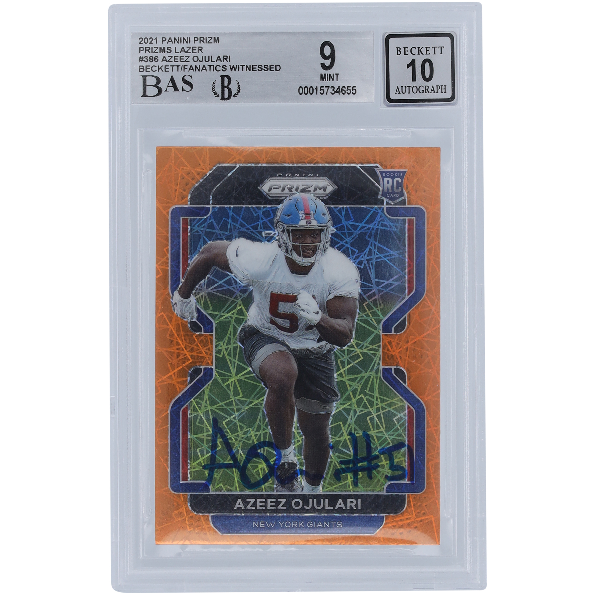 Azeez Ojulari New York Giants signierte 2021 Panini Prizm Lazer #386 Beckett Fanatics bezeugte authentifizierte 9/10 Rookie-Karte