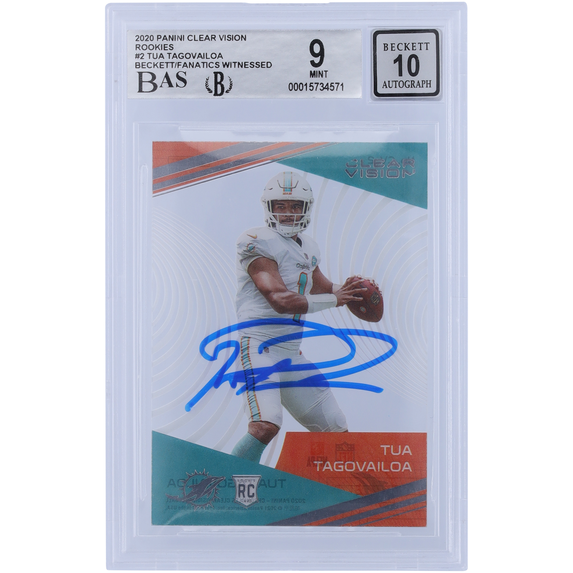 Tua Tagovailoa Miami Dolphins signierte 2020 Panini Clear Vision Rookies #CV-2 Beckett Fanatics bezeugte authentifizierte 9/10 Rookie-Karte