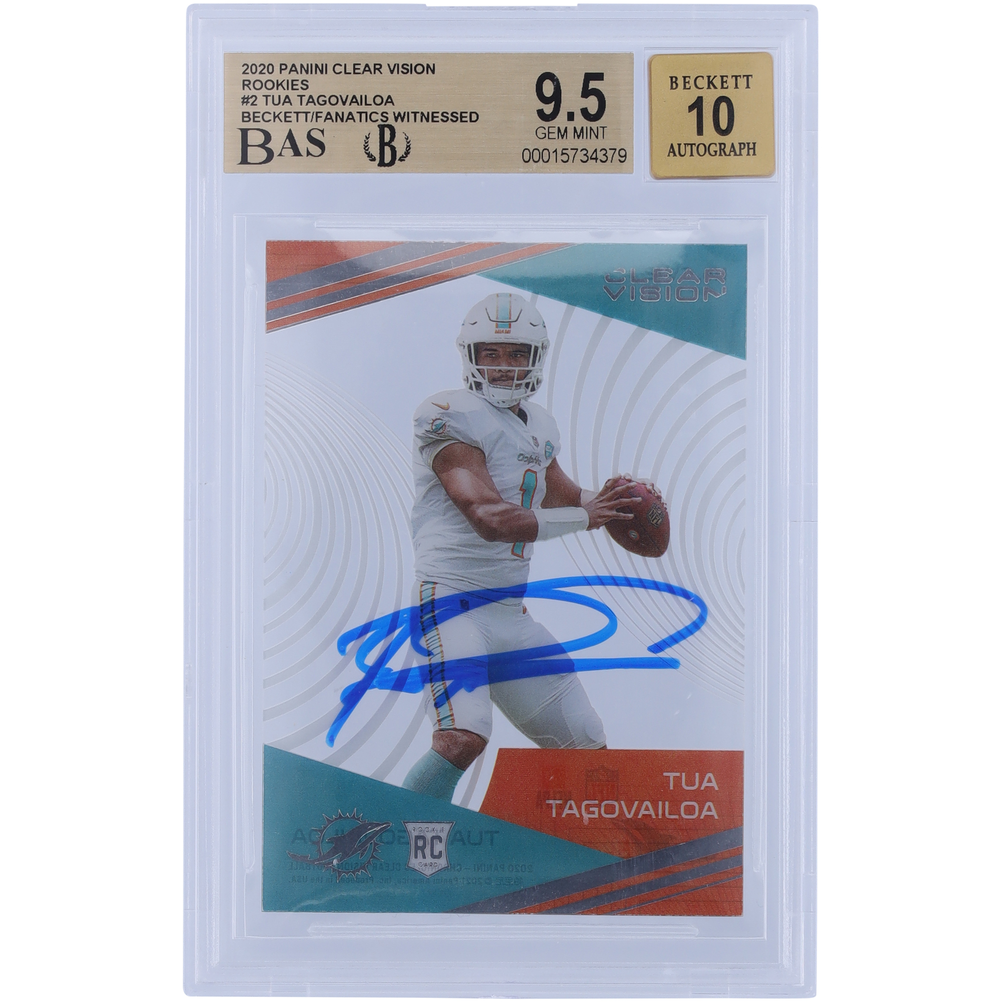 Tua Tagovailoa Miami Dolphins signierte 2020 Panini Clear Vision Rookies #CV-2 Beckett Fanatics bezeugte authentifizierte 9,5/10 Rookie-Karte