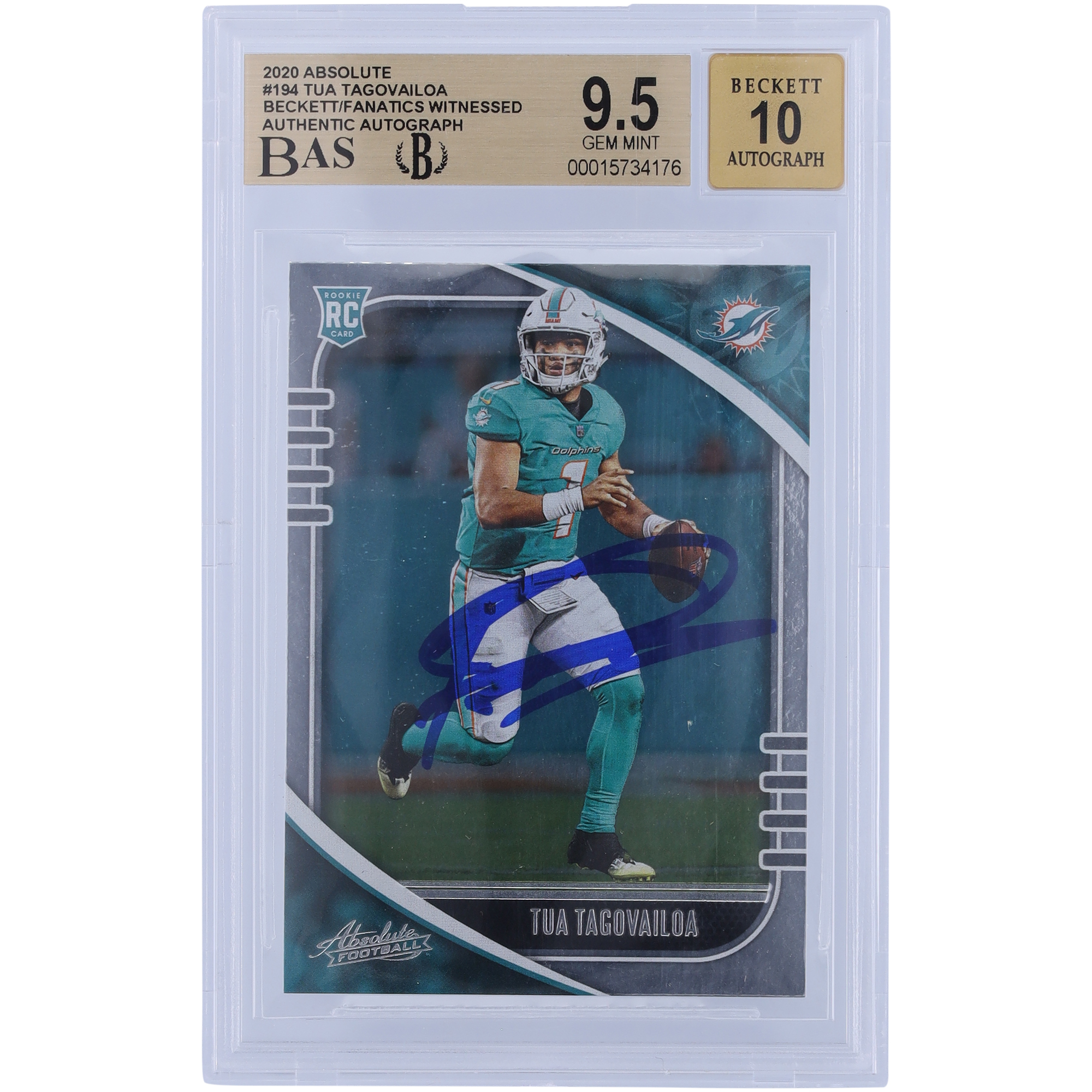 Tua Tagovailoa Miami Dolphins signierte 2020 Panini Absolute #194 Beckett Fanatics bezeugte authentifizierte 9,5/10 Rookie-Karte