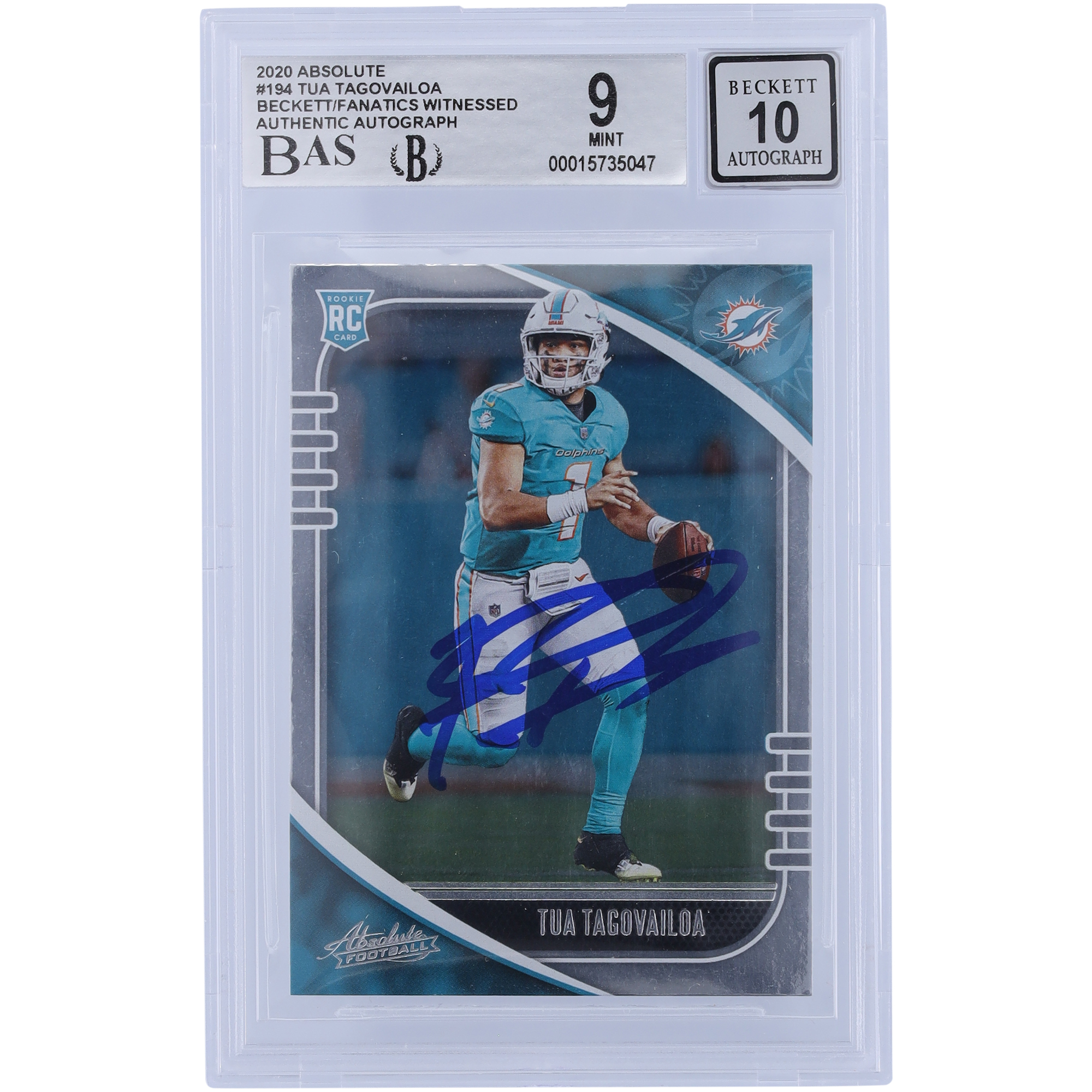 Tua Tagovailoa Miami Dolphins signierte 2020 Panini Absolute #194 Beckett Fanatics bezeugte authentifizierte 9/10 Rookie-Karte