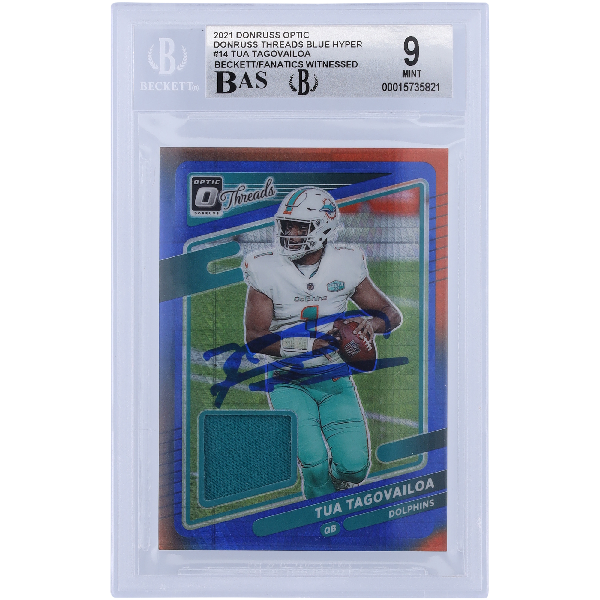 Tua Tagovailoa Miami Dolphins signiert 2021 Panini Donruss Optic Threads Blue Hyper Relic #TH-14 Beckett Fanatics bezeugt authentifizierte 9/10 Karte