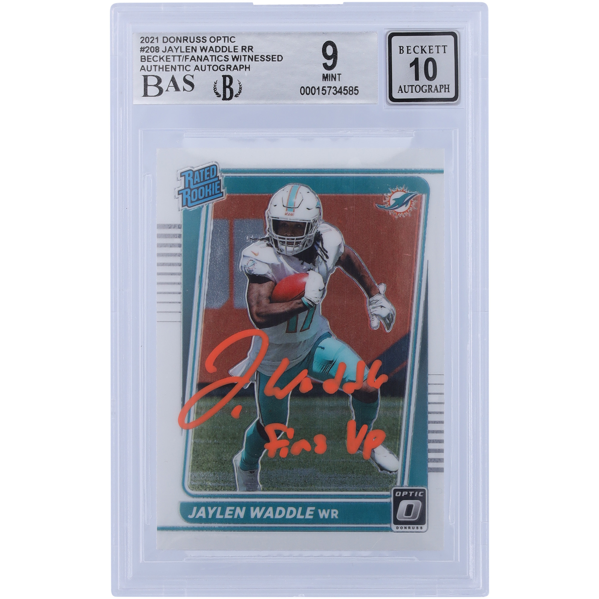 Jaylen Waddle Miami Dolphins signierte 2021 Panini Donruss Optic Rated Rookie Orange Ink #208 Beckett Fanatics bezeugte authentifizierte 9/10 Rookie-Karte mit „FINS UP“-Aufschrift