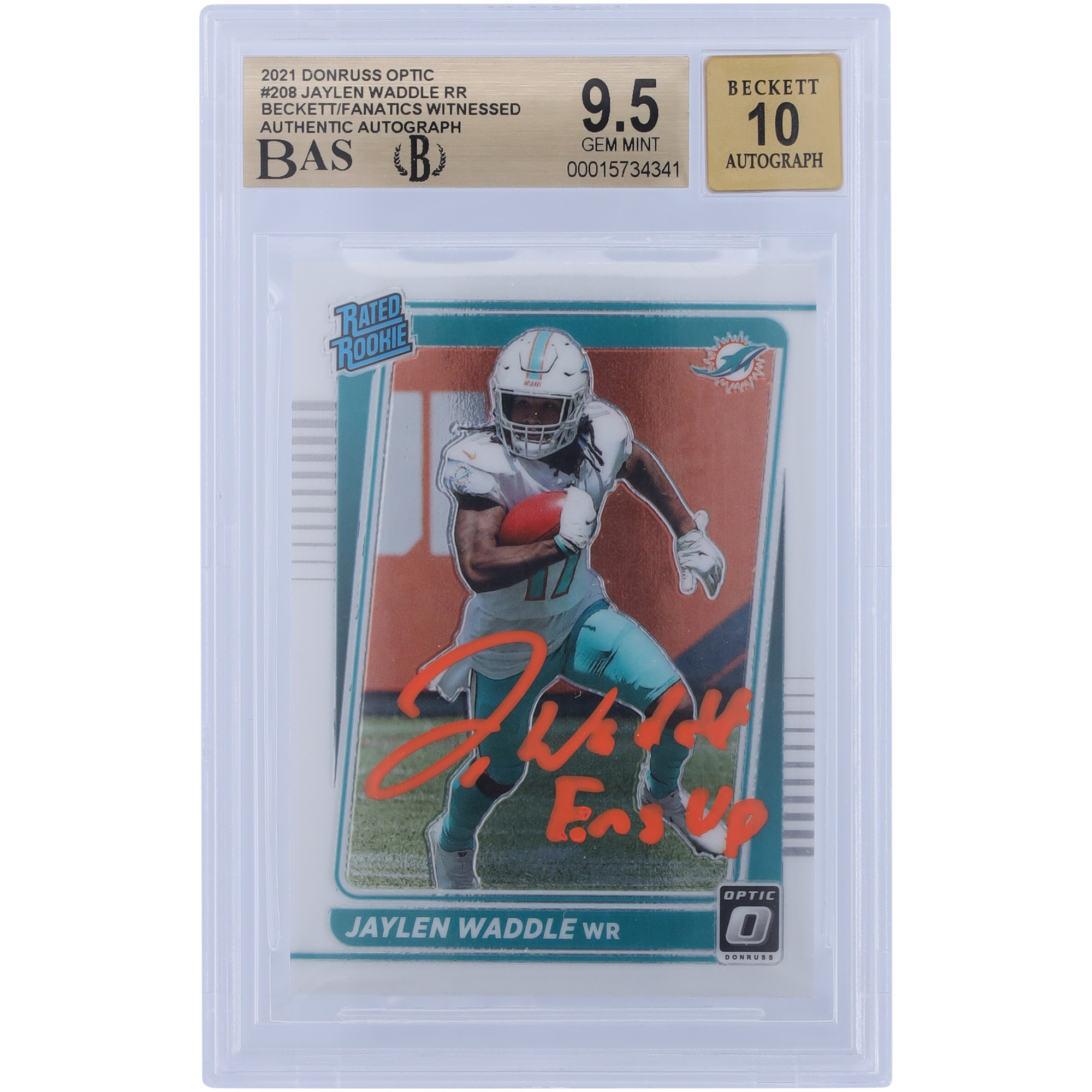 Jaylen Waddle Miami Dolphins signierte 2021 Panini Donruss Optic Rated Rookie Orange Ink #208 Beckett Fanatics bezeugte authentifizierte 9,5/10 Rookie-Karte mit „FINS UP“-Aufschrift