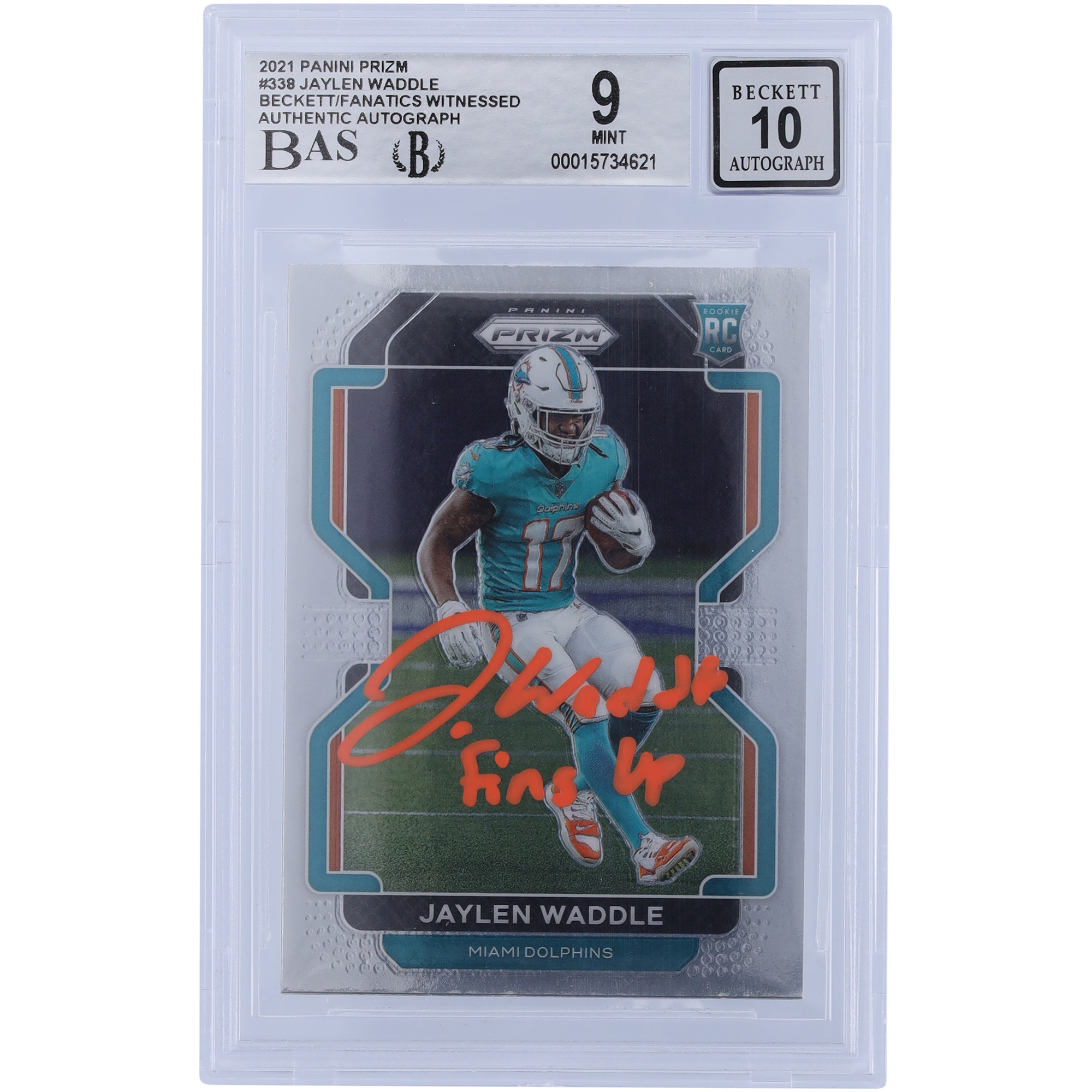 Jaylen Waddle Miami Dolphins signierte 2021 Panini Prizm Orange Ink #338 Beckett Fanatics bezeugte authentifizierte 9/10 Rookie-Karte mit „FINS UP“-Aufschrift