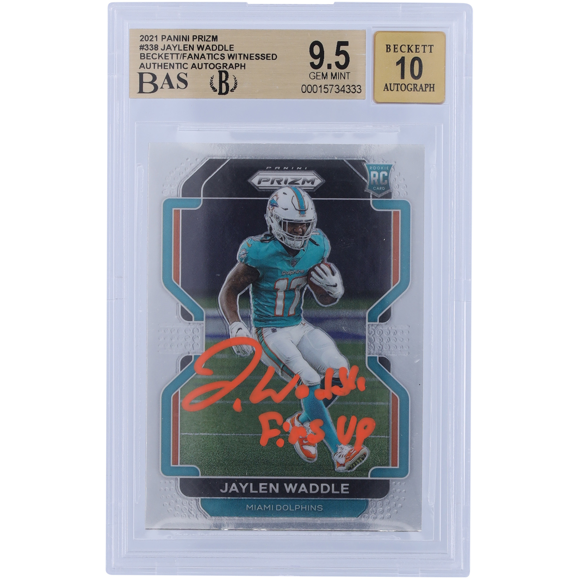 Jaylen Waddle Miami Dolphins signierte 2021 Panini Prizm Orange Ink #338 Beckett Fanatics bezeugte authentifizierte 9,5/10 Rookie-Karte mit „FINS UP“-Aufschrift