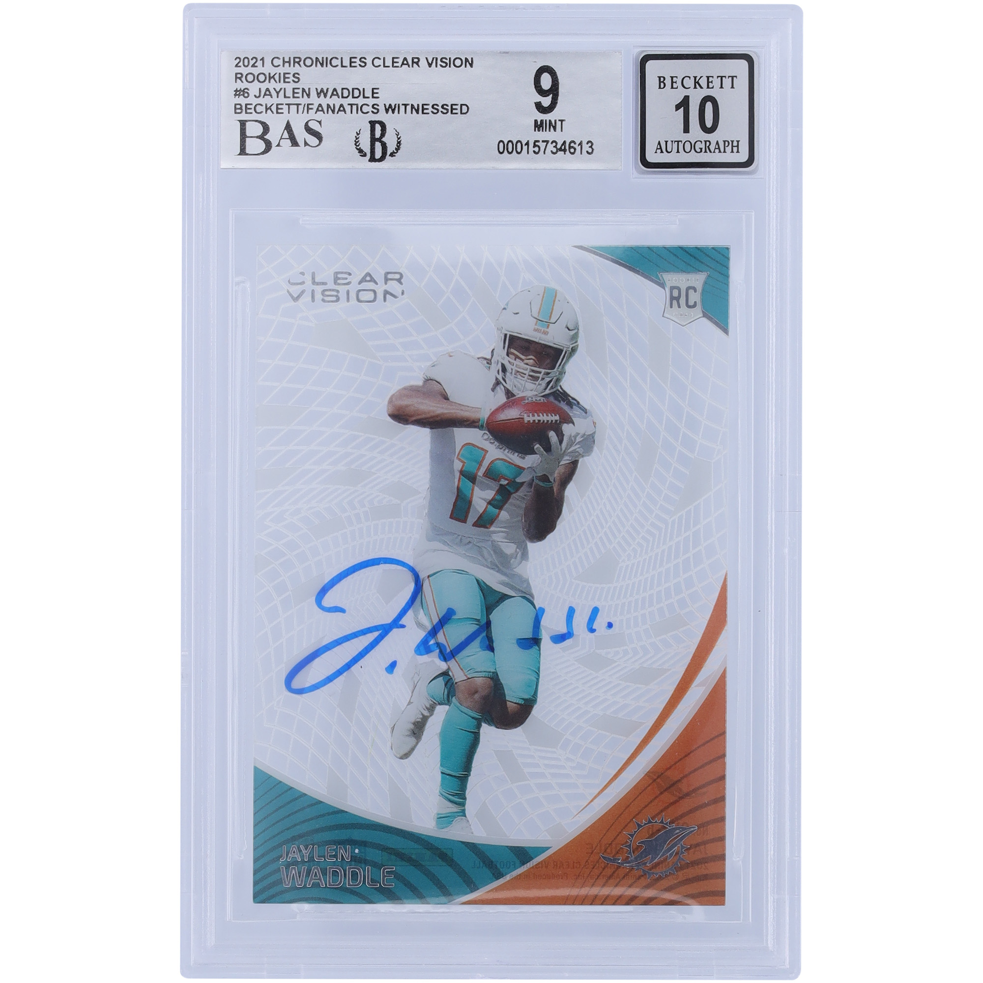 Jaylen Waddle Miami Dolphins signierte 2021 Panini Clear Vision Rookies #CVR-6 Beckett Fanatics bezeugte authentifizierte 9/10 Rookie-Karte