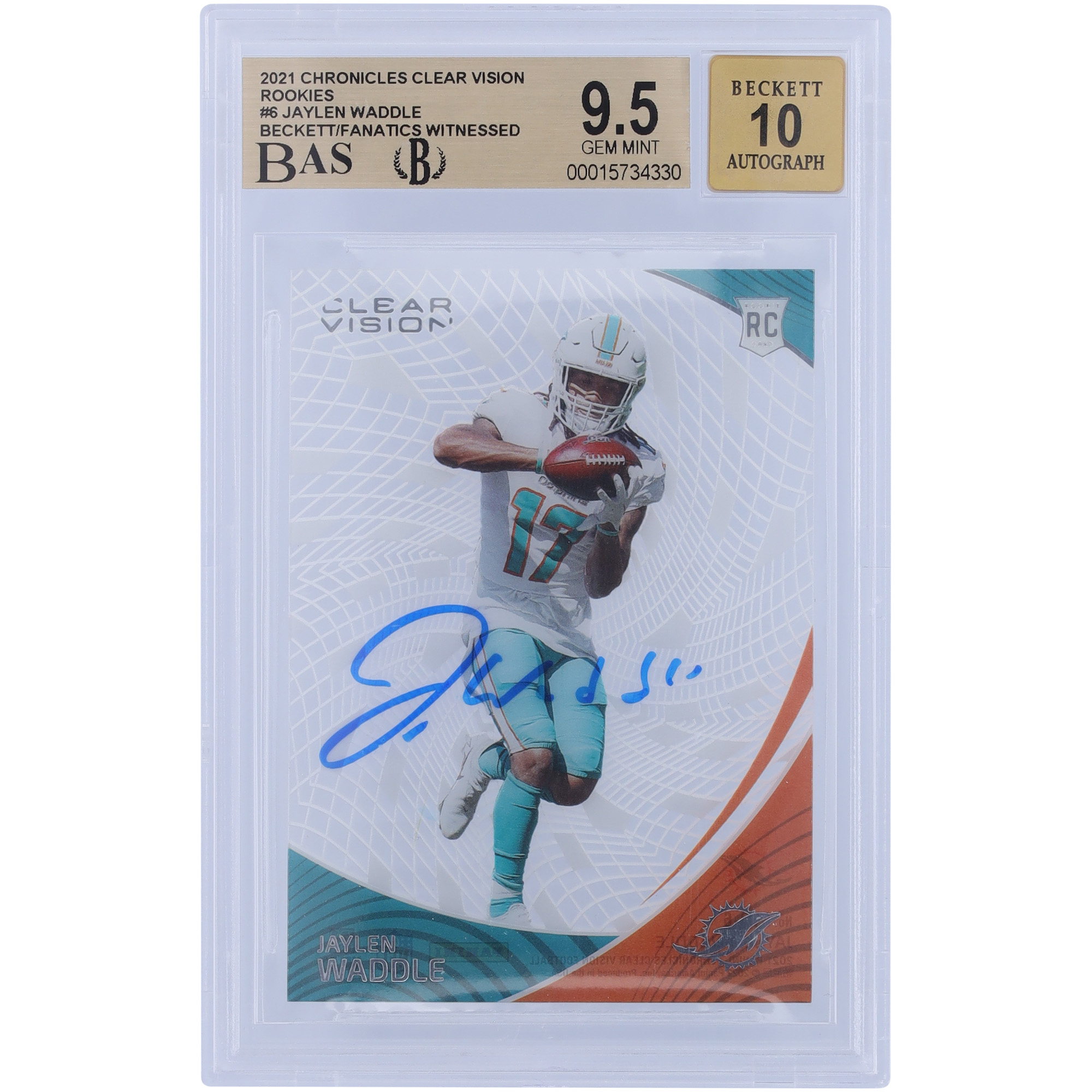 Jaylen Waddle Miami Dolphins signierte 2021 Panini Clear Vision Rookies #CVR-6 Beckett Fanatics bezeugte authentifizierte 9,5/10 Rookie-Karte