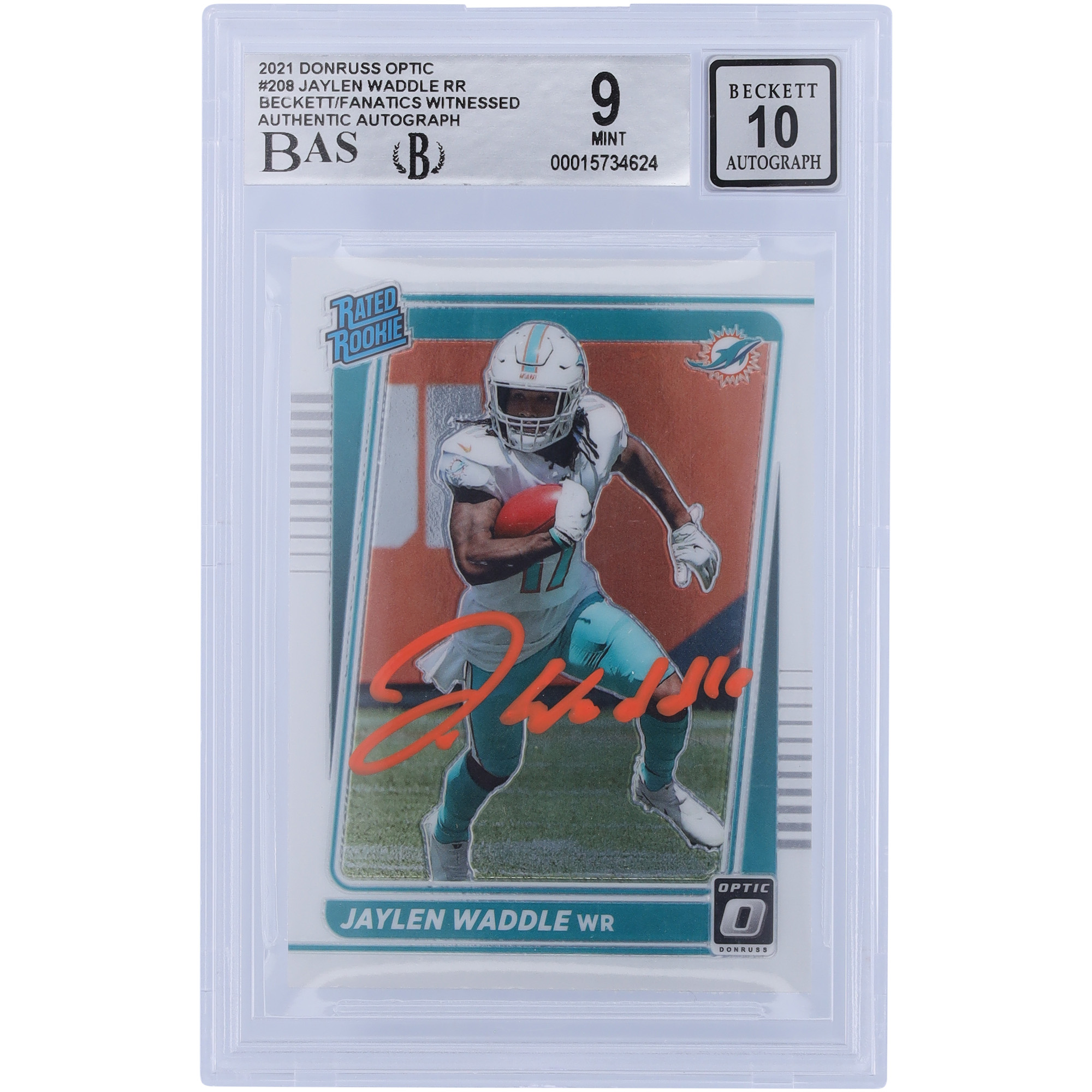 Jaylen Waddle Miami Dolphins signierte 2021 Panini Donruss Optic Rated Rookie Orange Ink #208 Beckett Fanatics bezeugte authentifizierte 9/10 Rookie-Karte