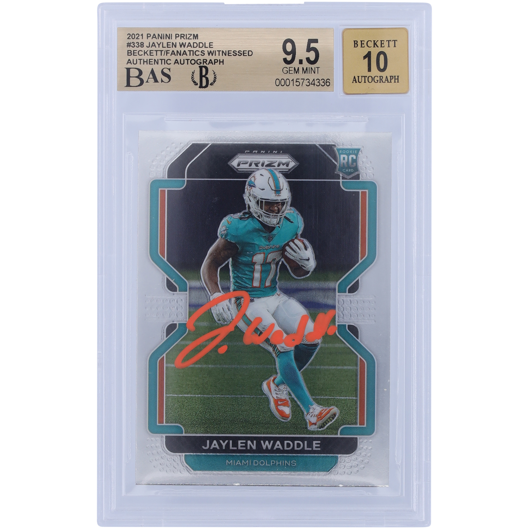 Jaylen Waddle Miami Dolphins signierte 2021 Panini Prizm Orange Ink #338 Beckett Fanatics bezeugte authentifizierte 9,5/10 Rookie-Karte