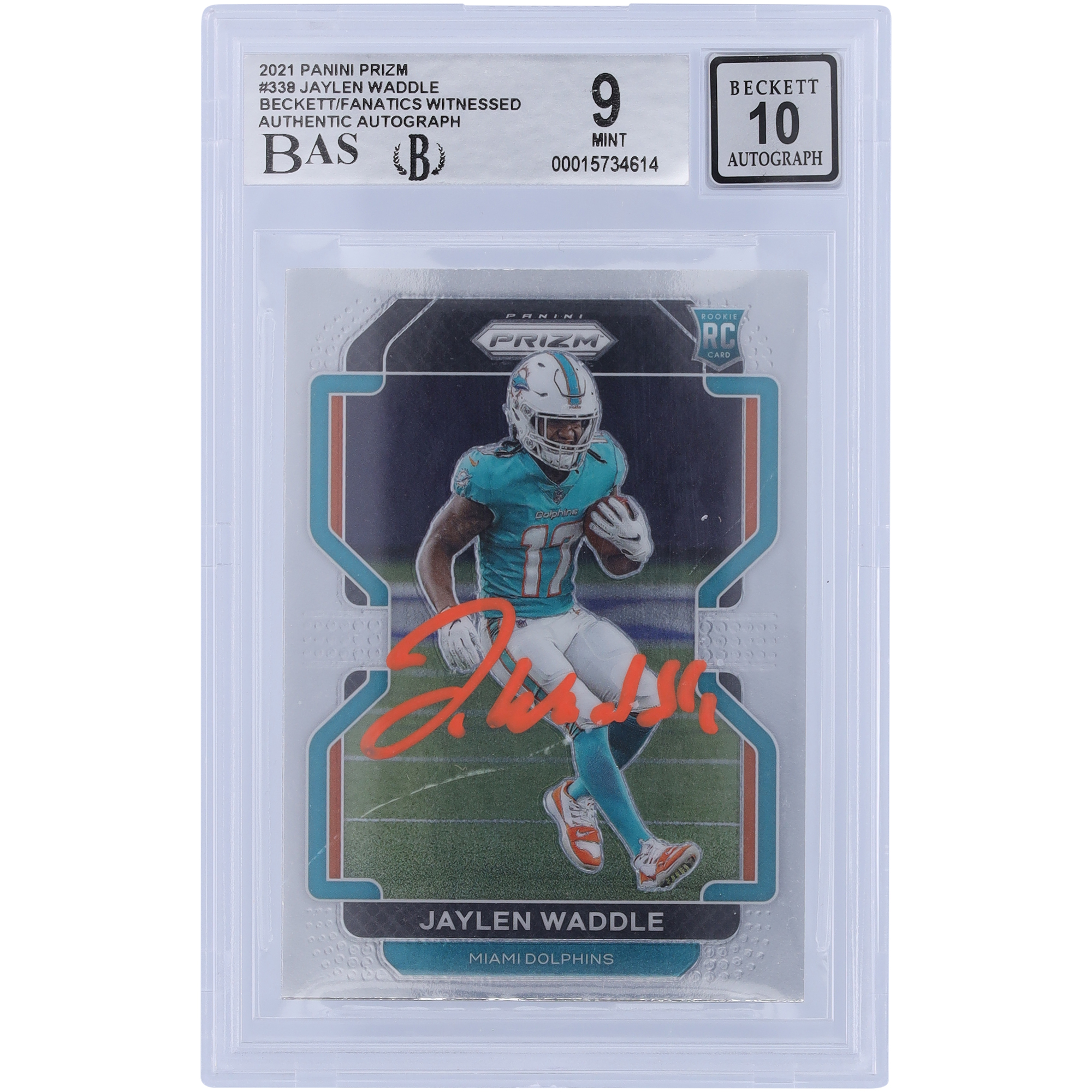 Jaylen Waddle Miami Dolphins signierte 2021 Panini Prizm Orange Ink #338 Beckett Fanatics bezeugte authentifizierte 9/10 Rookie-Karte