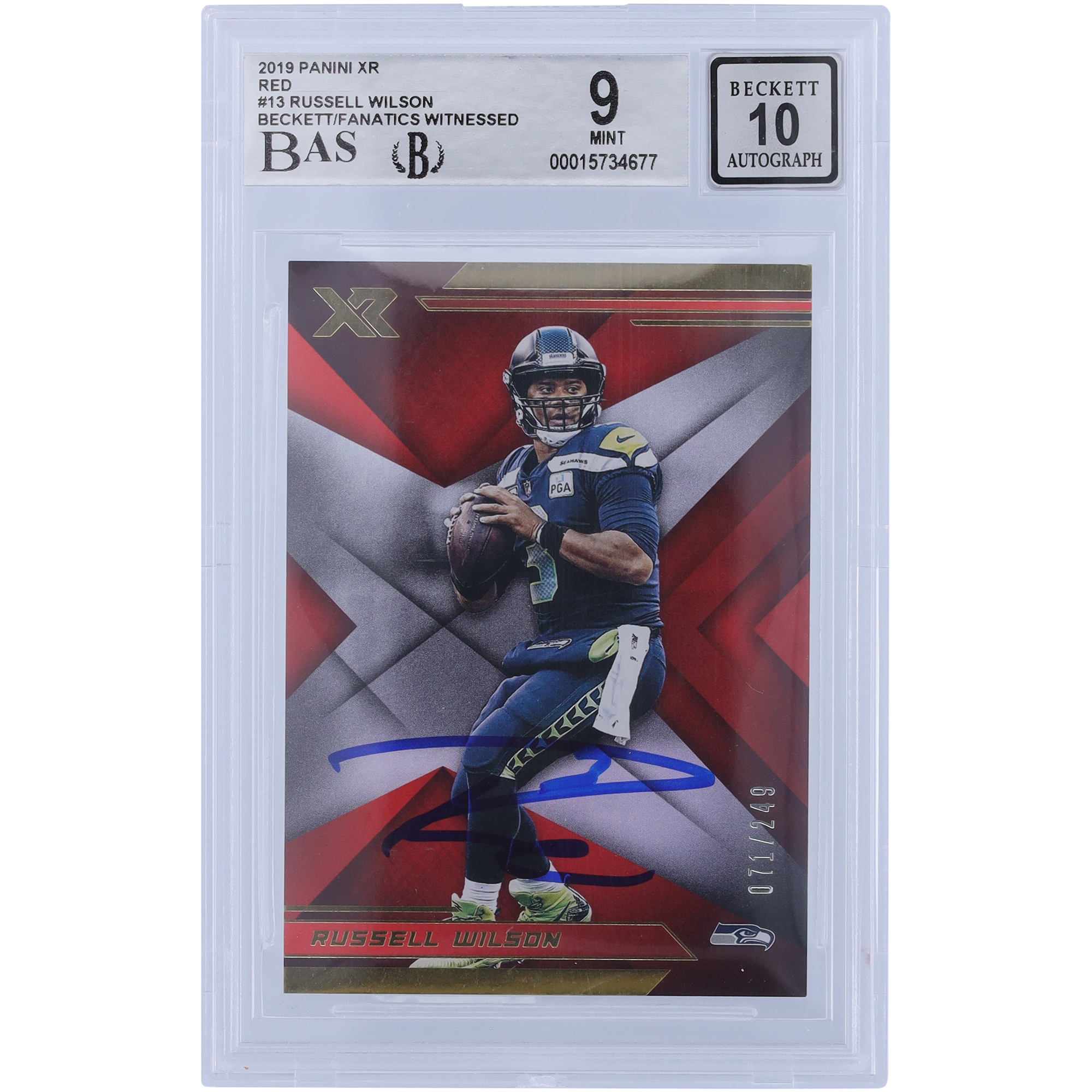 Russell Wilson Seattle Seahawks Autogrammkarte 2019 Panini XR Rot #13 #/249 Beckett Fanatics bezeugte authentifizierte 9/10 Karte