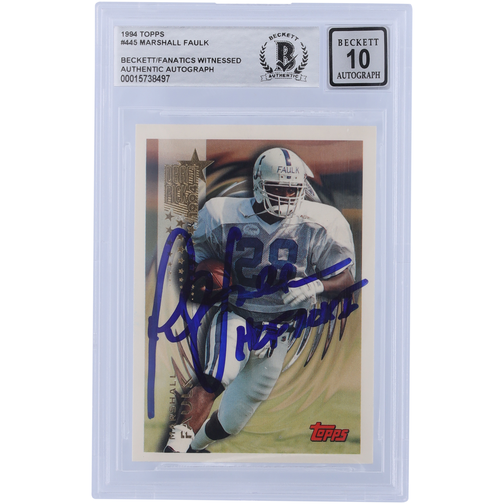 Marshall Faulk Indianapolis Colts signiert 1994 Topps #445 Beckett Fanatics bezeugt authentifiziert 10 Rookie-Karte mit „HOF 20XI“ Inschrift