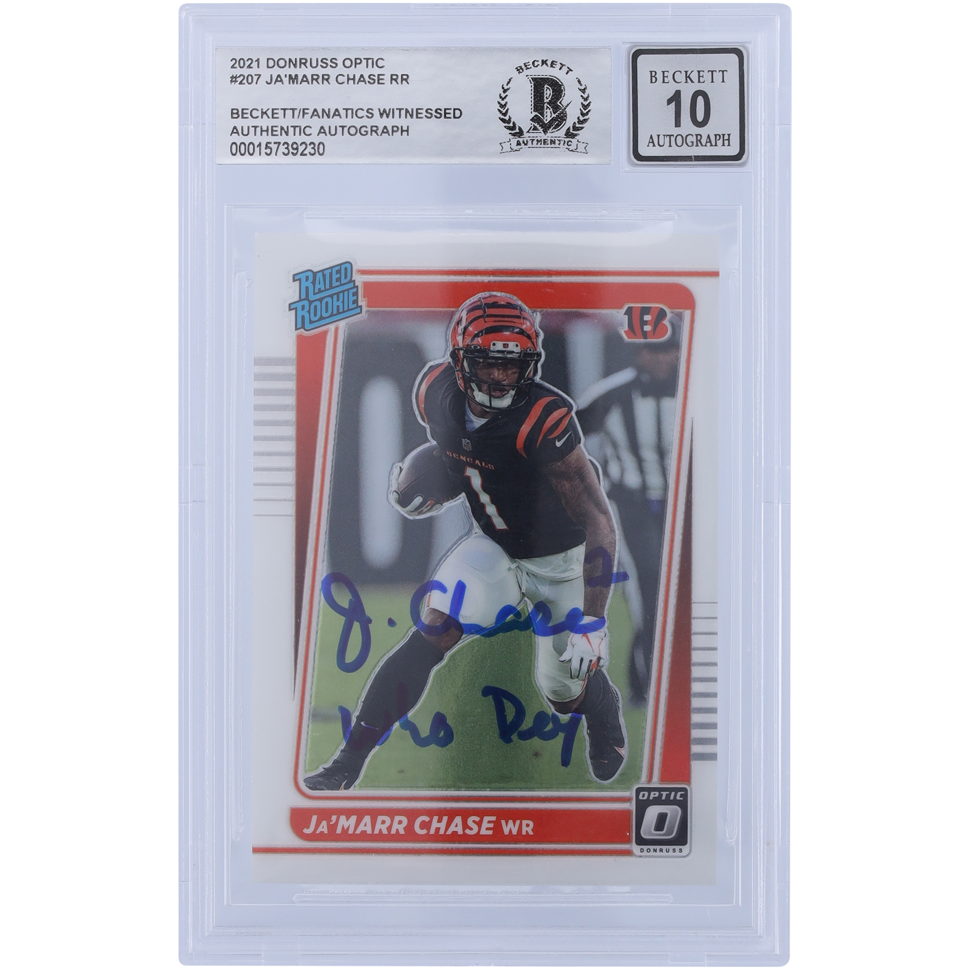 Ja’Marr Chase Cincinnati Bengals signierte 2021 Panini Donruss Optic Rated Rookie #207 Beckett Fanatics bezeugte authentifizierte 10 Rookie-Karte mit „WHO DEY“-Aufschrift