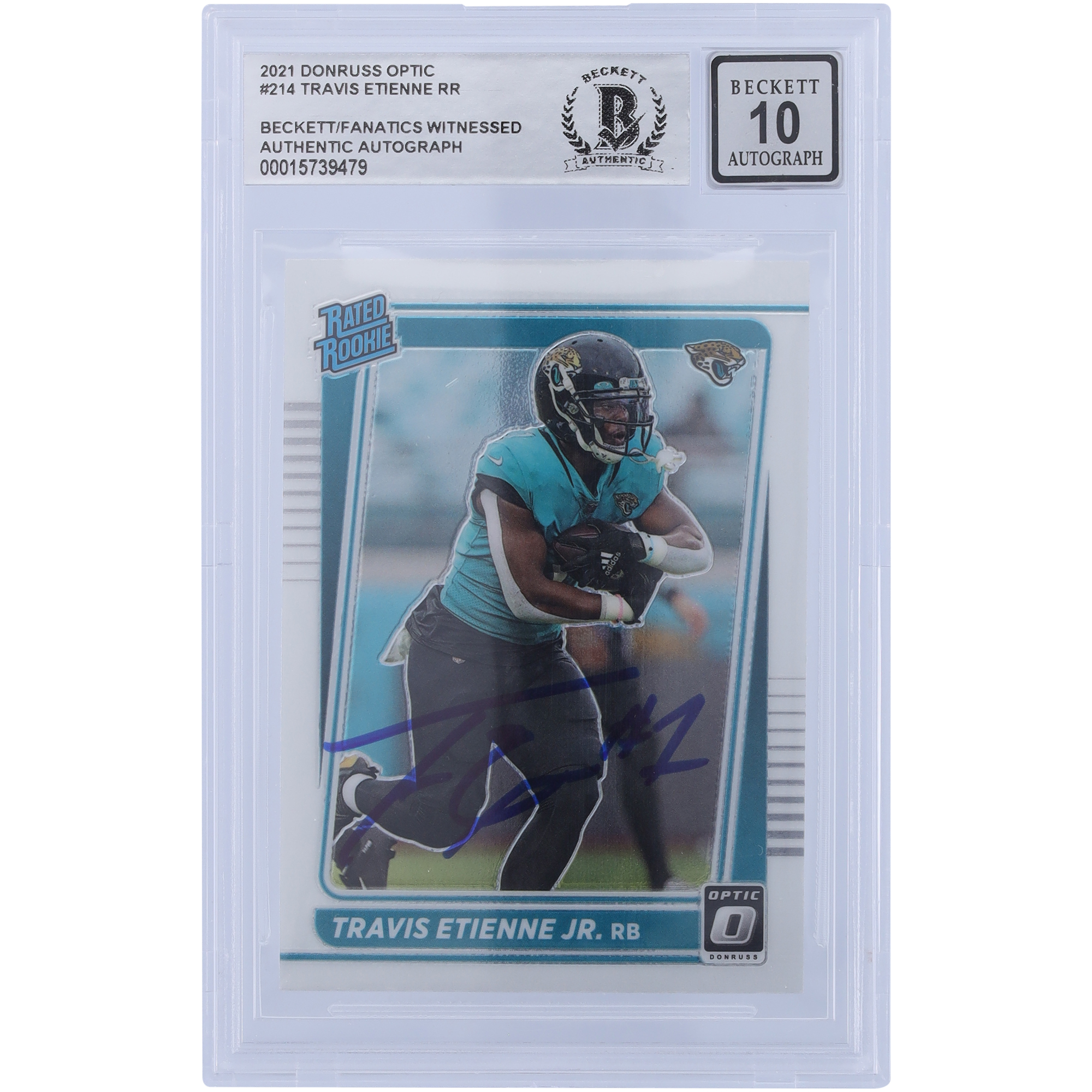 Travis Etienne Jacksonville Jaguars signiert 2021 Panini Donruss Optic #214 Beckett Fanatics bezeugt authentifiziert 10 Rookie-Karte